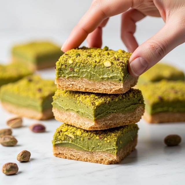 The image shows a stack of three square bars with three visible layers each. The bottom layer is a light brown, crisp crust. The middle layer is a thick, green pistachio filling with a slightly crumbly texture. The top layer is a crumbly golden-brown topping with sprinkled crushed pistachios. The bars are stacked on a white marbled surface, and a woman’s hand is gently touching the top bar. In the background, there are more blurred bars and green pistachios scattered around. Photo taken with an iphone --ar 4:5 --v 7
