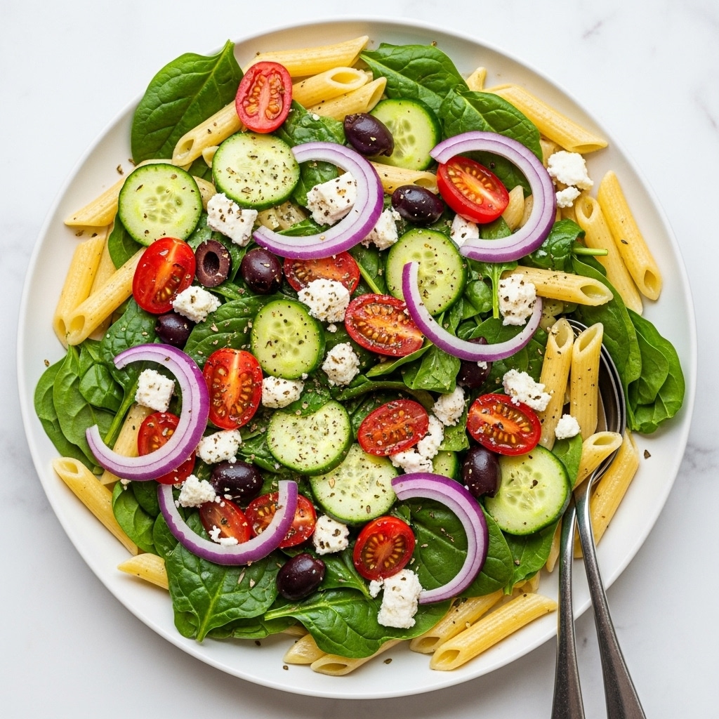 A white plate holds a colorful pasta salad with several layers: the base layer is light yellow penne pasta spread all over, mixed with green spinach leaves and sliced cucumber pieces with their dark green skin. On top, there are halved bright red cherry tomatoes, small white chunks of feta cheese, thin curved slices of purple onion, and scattered black and green olive slices. The whole dish is sprinkled with herbs that add specks of green throughout, all sitting on a white marbled surface. Two metal spoons rest partially in the salad, ready to serve. Photo taken with an iphone --ar 4:5 --v 7
