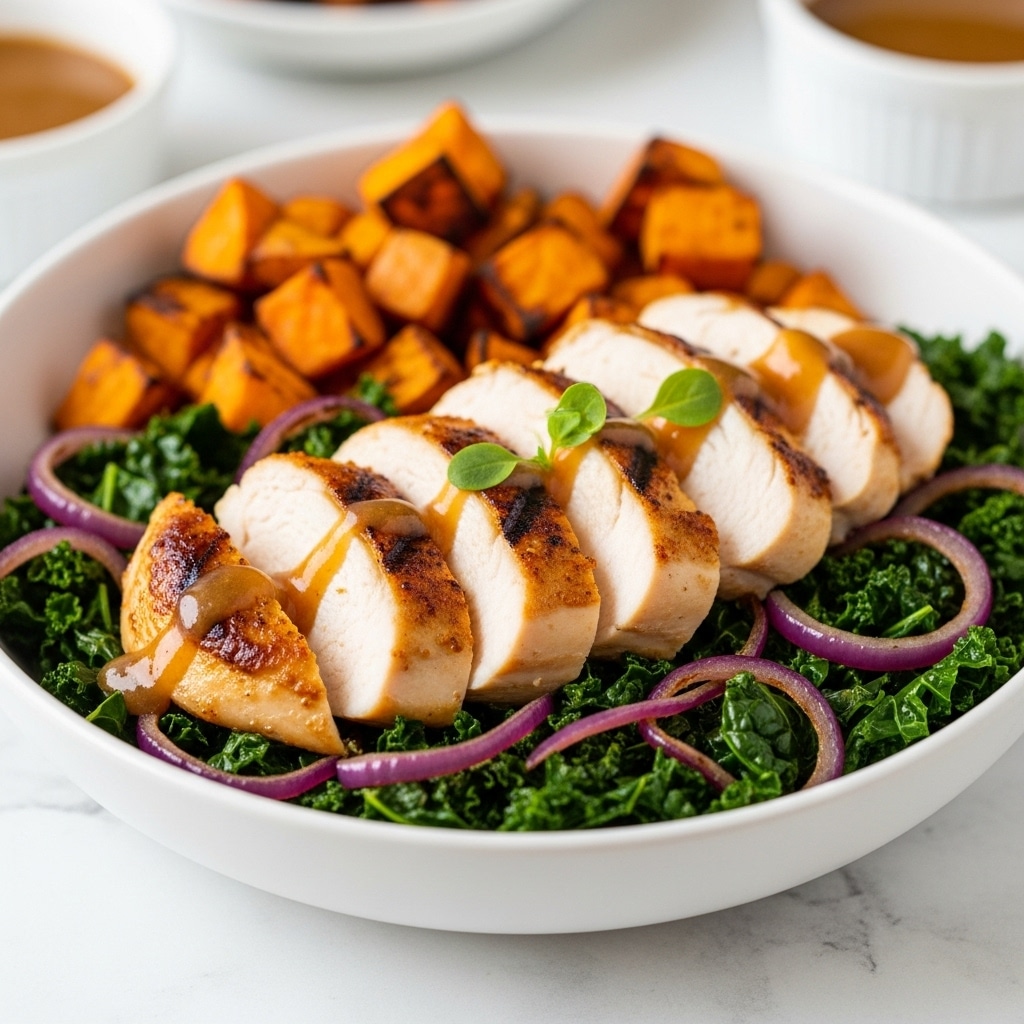 A white bowl filled with a base layer of dark green cooked kale mixed with caramelized red onion slices. On top, there are several pieces of grilled chicken breast with a golden-brown crust, sliced and arranged in a row slightly angled. The chicken is drizzled with a shiny, light brown sauce and garnished with a small green herb. In the back of the bowl, chunks of roasted orange sweet potato add a bright, roasted color contrast. The bowl sits on a white marbled surface with blurred bowls of sauce in the background. photo taken with an iphone --ar 4:5 --v 7