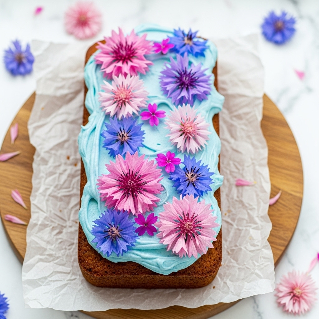 A rectangular loaf cake with a golden brown base is topped with a thick, fluffy layer of light blue whipped cream, spread unevenly but generously over the surface. On top of the blue cream, there are multiple bright, fresh flowers in shades of pink, purple, and blue arranged closely together, creating a colorful and lively decoration. The cake rests on a piece of crumpled white parchment paper placed on a round wooden cutting board. The background features a white marbled texture with some scattered flower petals around the board, enhancing the fresh and delicate look of the dish. photo taken with an iphone --ar 4:5 --v 7