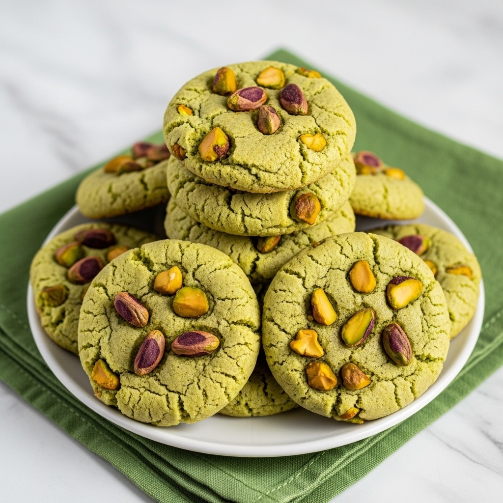 A stack of light green cookies with visible chunks of pistachio nuts scattered within and on top, arranged on a white plate sitting on a green cloth napkin, all set against a white marbled textured surface. The cookies have a soft, slightly cracked texture with uneven shapes, and the pistachio pieces add a mix of tan and green colors, with some hints of brown from the nut skins. Photo taken with an iphone --ar 4:5 --v 7