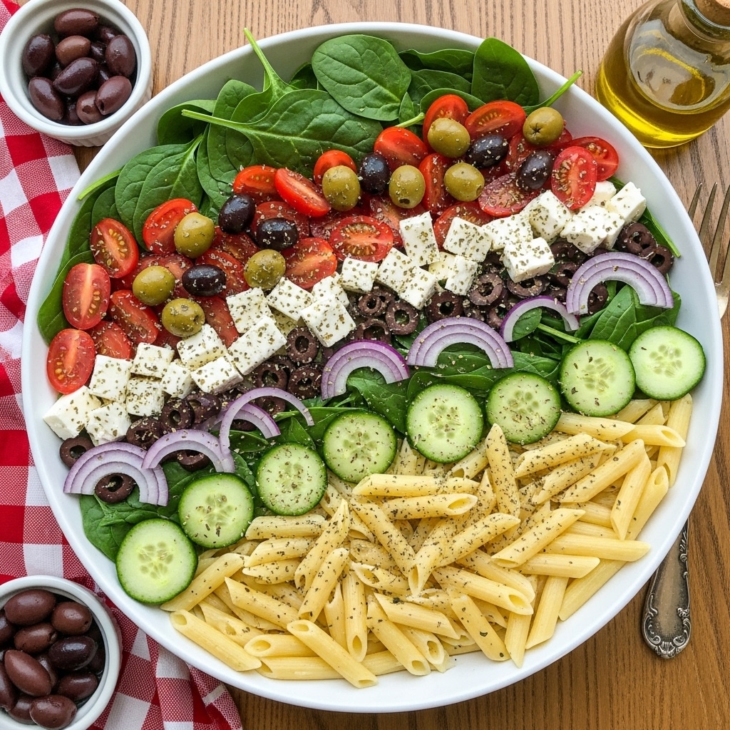The dish is a large white bowl filled with a colorful pasta salad with three main layers. The base layer is light yellow penne pasta spread all over. The second layer consists of bright green spinach leaves, sliced dark green cucumber pieces, and thin slices of purple onion scattered evenly. The top layer has halved red cherry tomatoes, small black and green olive slices, and white cubes of feta cheese, all sprinkled with dried herbs. The bowl is placed on a wooden table surface with a red and white checkered cloth on the left and small white bowls of olives and a glass of olive oil on the right. Photo taken with an iphone --ar 4:5 --v 7
