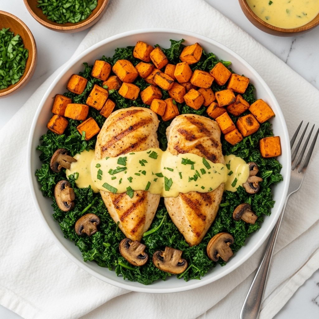 A white bowl filled with a bed of dark green sautéed kale and scattered roasted mushrooms forms the base, topped with bright orange roasted sweet potato cubes arranged around two golden-browned grilled chicken breasts at the center. The chicken is covered with a creamy yellow sauce sprinkled with fresh green herbs. The bowl is set on a white marbled surface with a white cloth napkin underneath and a silver fork nearby. In the background, wooden bowls hold chopped green herbs and more sauce. photo taken with an iphone --ar 4:5 --v 7