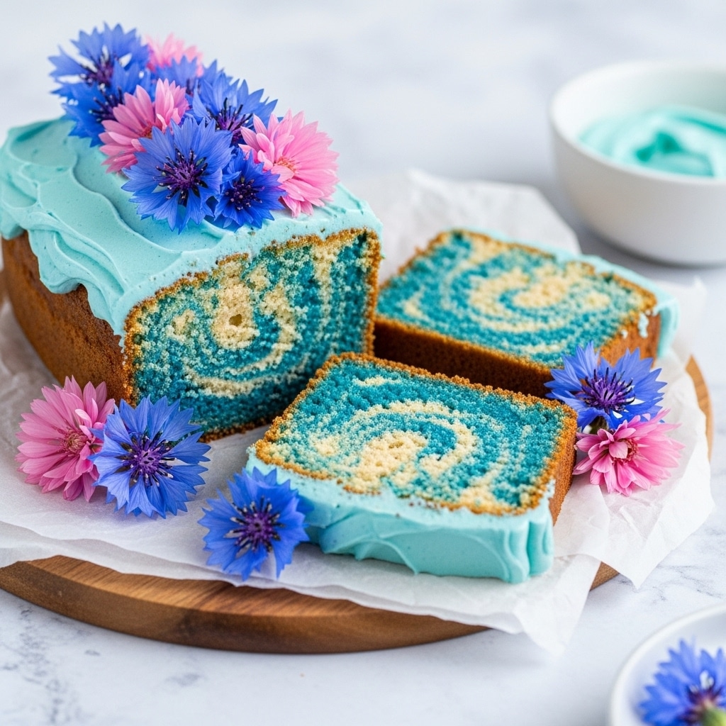 The image shows two thick slices of a cake with a marbled pattern inside, swirling blue and light beige layers. The top of the cake is covered with a light blue frosting that looks soft and creamy. Several bright flowers, mainly blue and pink, are placed on top of the cake and around the slices on white parchment paper. The cake is on a round wooden board that contrasts with the white marbled textured background. There is also a white bowl with a blue creamy substance in the background. photo taken with an iphone --ar 4:5 --v 7