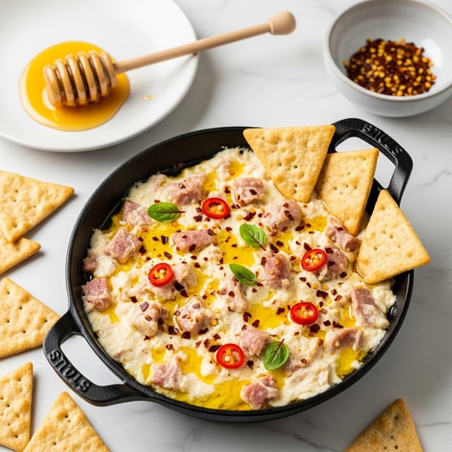 A black cast iron pan filled with creamy white cheesy dip mixed with small pieces of light brown meat. The dip is topped with golden oil, red chili flakes, and a few small green leaves. Several beige triangular crackers are placed inside the dip and scattered around the pan on a white marbled surface. Next to the pan, there is a white plate with honey and a wooden honey dipper dripping with golden honey. A small round light gray bowl holds more red chili flakes in the background. Photo taken with an iphone --ar 4:5 --v 7
