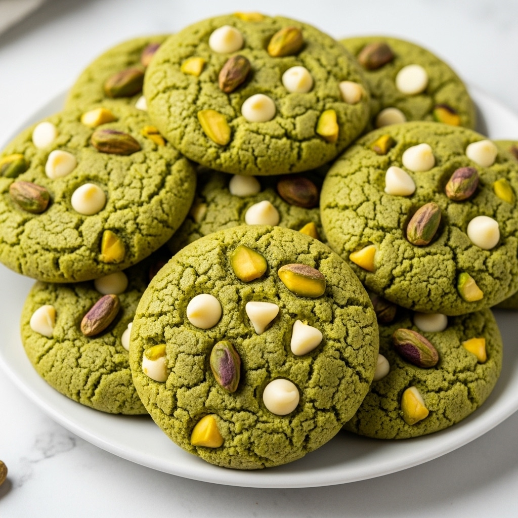 A close-up of a pile of soft, round green cookies with a slightly cracked surface on a white plate placed on a white marbled texture. Each cookie has small chopped green pistachio pieces and white chocolate chips scattered on top, adding texture and color contrast. The cookies are stacked unevenly, showing different sides and layers of the light green dough mixed with visible nut and chip bits. Photo taken with an iphone --ar 4:5 --v 7