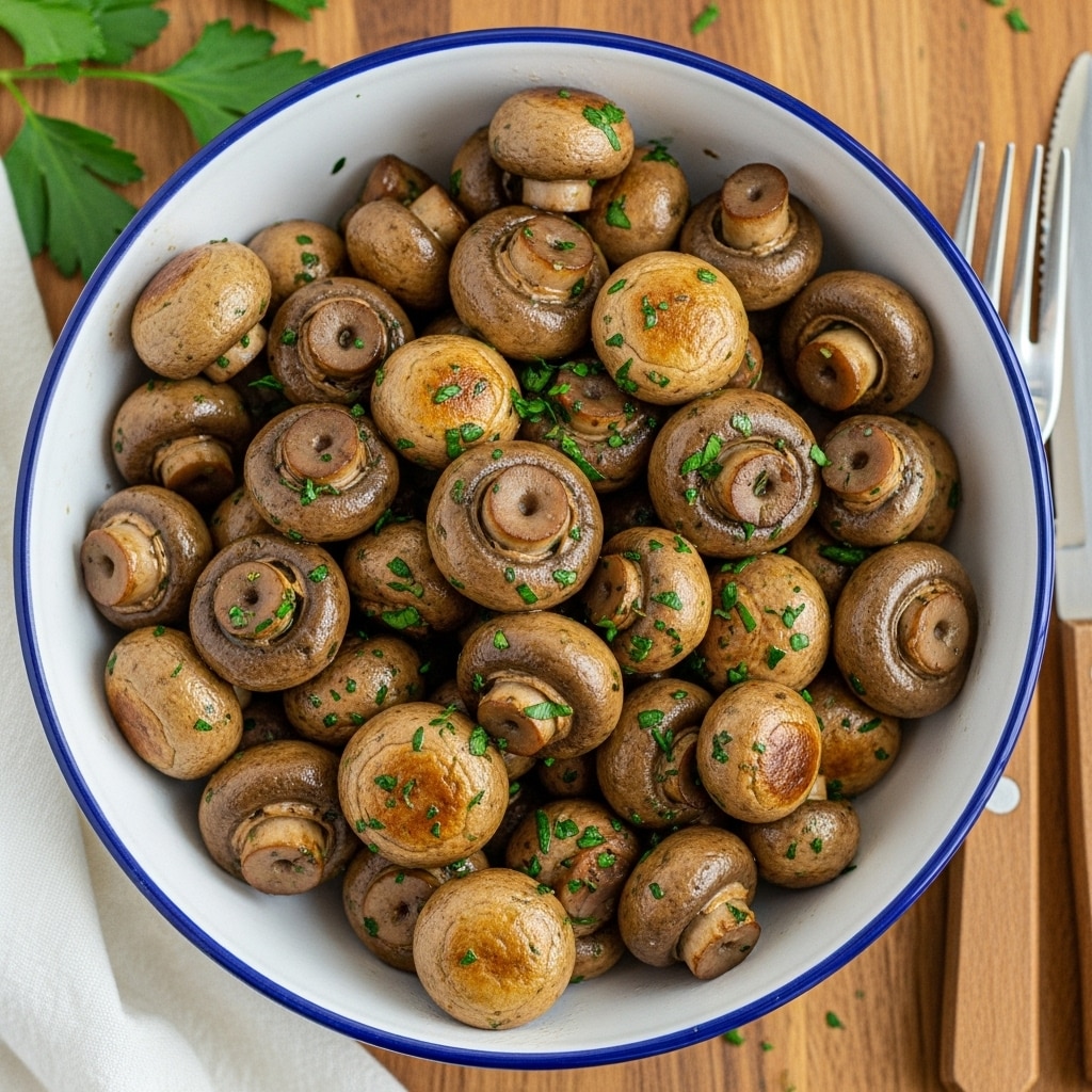 A bowl filled with small to medium browned mushrooms that appear to be cooked with finely chopped garlic and herbs, giving them a slightly oily and shiny texture with specks of green parsley sprinkled on top; the mushrooms fill the bowl fully, resting on top of each other in an unstructured pile. The bowl is white with a dark blue outer rim, placed on a wooden surface with some parsley leaves and a white cloth partially visible at the edge, alongside a fork and knife with wooden handles to the right. Photo taken with an iphone --ar 4:5 --v 7