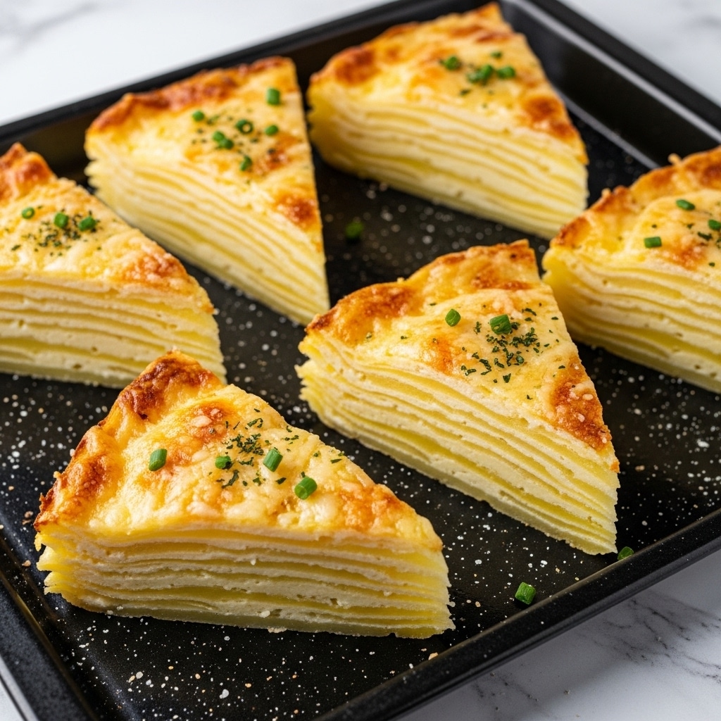 Several triangular slices of a layered potato dish are arranged on a black baking tray. Each slice has around seven thin, golden-brown layers of potatoes stacked neatly, with a slightly crispy and browned top covered in melted cheese and small green herb sprinkles. The edges of the slices reveal the soft, creamy texture of the potato layers inside. The tray sits on a surface with a white marbled texture, and some white seasoning is lightly scattered around the tray edges. photo taken with an iphone --ar 4:5 --v 7