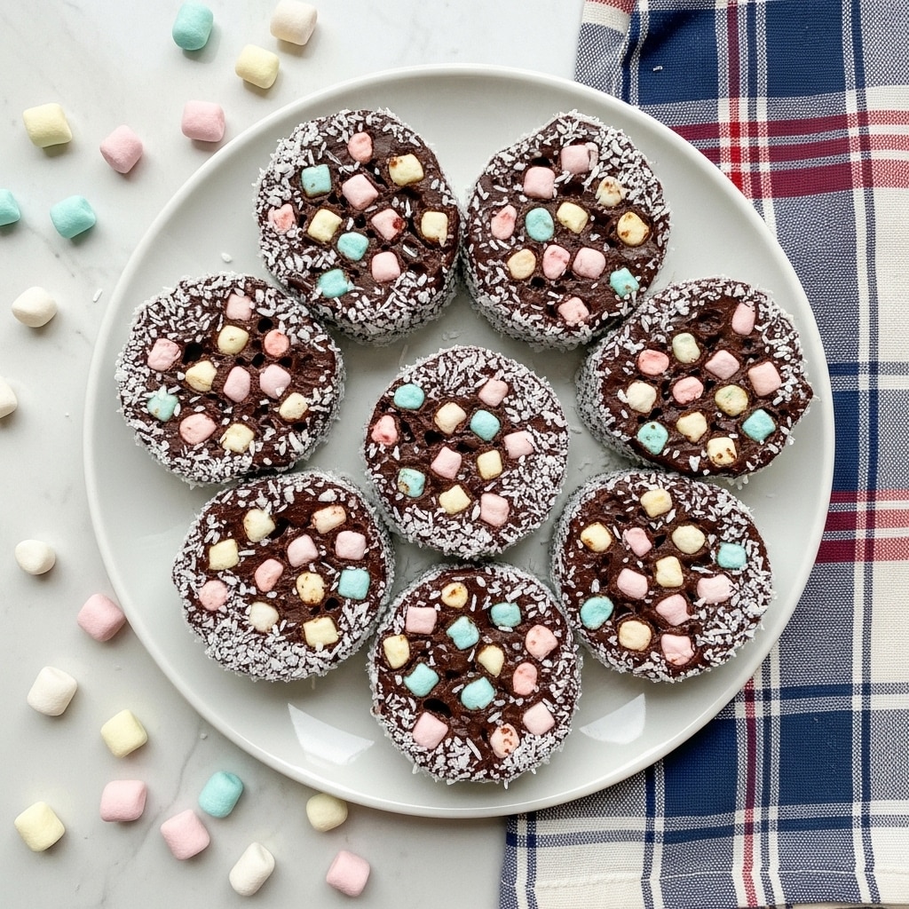 A white plate is filled with round slices of a dessert made from dark chocolate mixed with small, colorful marshmallows in pastel pink, blue, yellow, and white. Each slice shows a thick layer with a rough texture where the marshmallows are embedded in chocolate, and the edges are coated with shredded white coconut. Around the plate, there are scattered whole mini marshmallows on a white marbled surface, and a plaid cloth with red, blue, yellow, and white stripes is placed next to the plate. Photo taken with an iphone --ar 4:5 --v 7