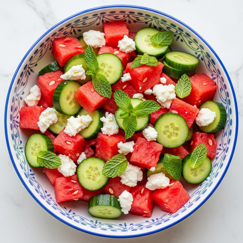 This image shows a white bowl with blue patterns around the edge, filled with a fresh salad made of bright red watermelon cubes and light green cucumber slices with dark green skin edges. White crumbled cheese is scattered throughout the salad, adding small chunks and texture. Fresh green mint leaves are spread on top, adding a touch of brightness. The bowl is placed on a white marbled surface. Photo taken with an iphone --ar 4:5 --v 7
