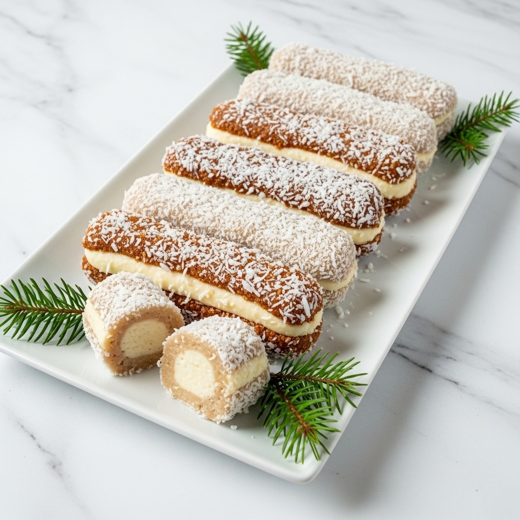 The image shows several long, cylindrical treats arranged neatly on a white rectangular plate placed on a white marbled surface. Each treat has three clear layers: the top and bottom layers are rough and covered in white shredded coconut with some brown bits, giving a textured and speckled look, while the middle layer is smooth and light cream-colored, resembling a soft filling. Some of the treats are cut in half to show the inner cream layer clearly. Small green pine sprigs are placed around the plate for decoration. The overall look is rustic and festive. photo taken with an iphone --ar 4:5 --v 7
