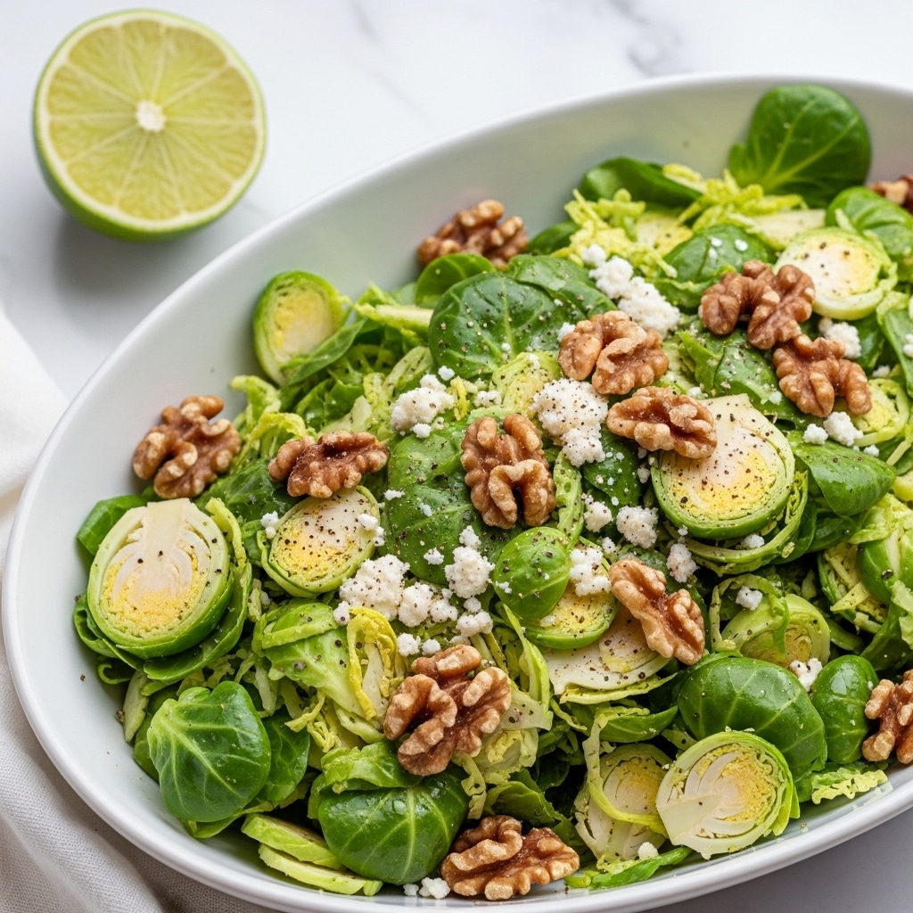 The image shows a white oval bowl filled with a fresh salad made of thinly sliced green Brussels sprouts and whole small leaves, giving a layered texture of light and dark green. Scattered on top are medium-sized brown walnuts adding a rough texture and bits of grated white cheese spread evenly, creating small white clusters on the greens. The salad has light specks of black pepper and is dressed with a shiny glaze. In the background to the upper-left side, there is a halved lime resting on a white marbled surface, which is also the base for the bowl. A soft white cloth is partly visible at the bottom-left corner of the image. photo taken with an iphone --ar 4:5 --v 7