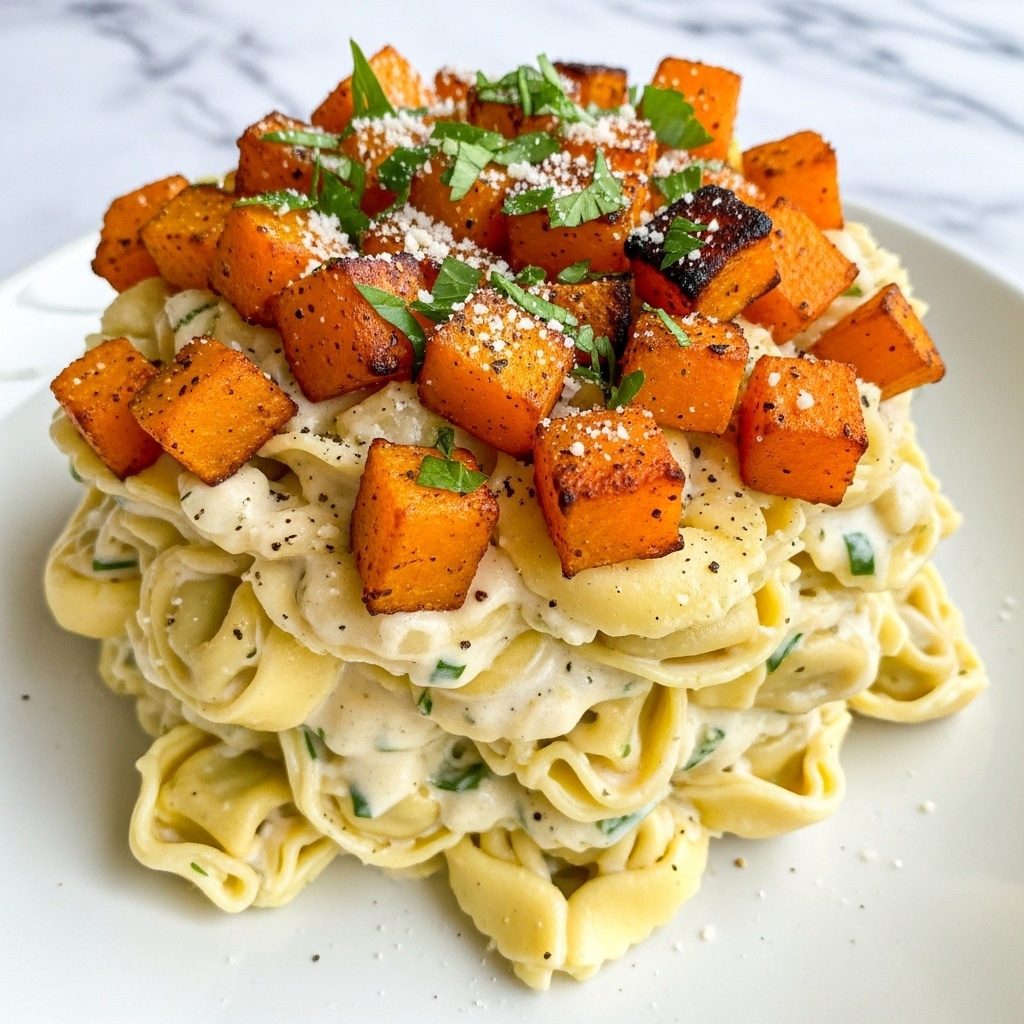 A close-up view of a white plate filled with three layers of creamy tortellini pasta, covered in small orange roasted butternut squash cubes in the top layer. The tortellini has a smooth, creamy texture with specks of green herbs mixed throughout. The roasted squash pieces have a slightly charred, crispy surface showing hints of browning. Over the top, there is a sprinkling of freshly chopped green herbs and a modest dusting of grated cheese, with tiny black pepper flakes scattered for contrast. The background shows a white marbled texture. photo taken with an iphone --ar 4:5 --v 7