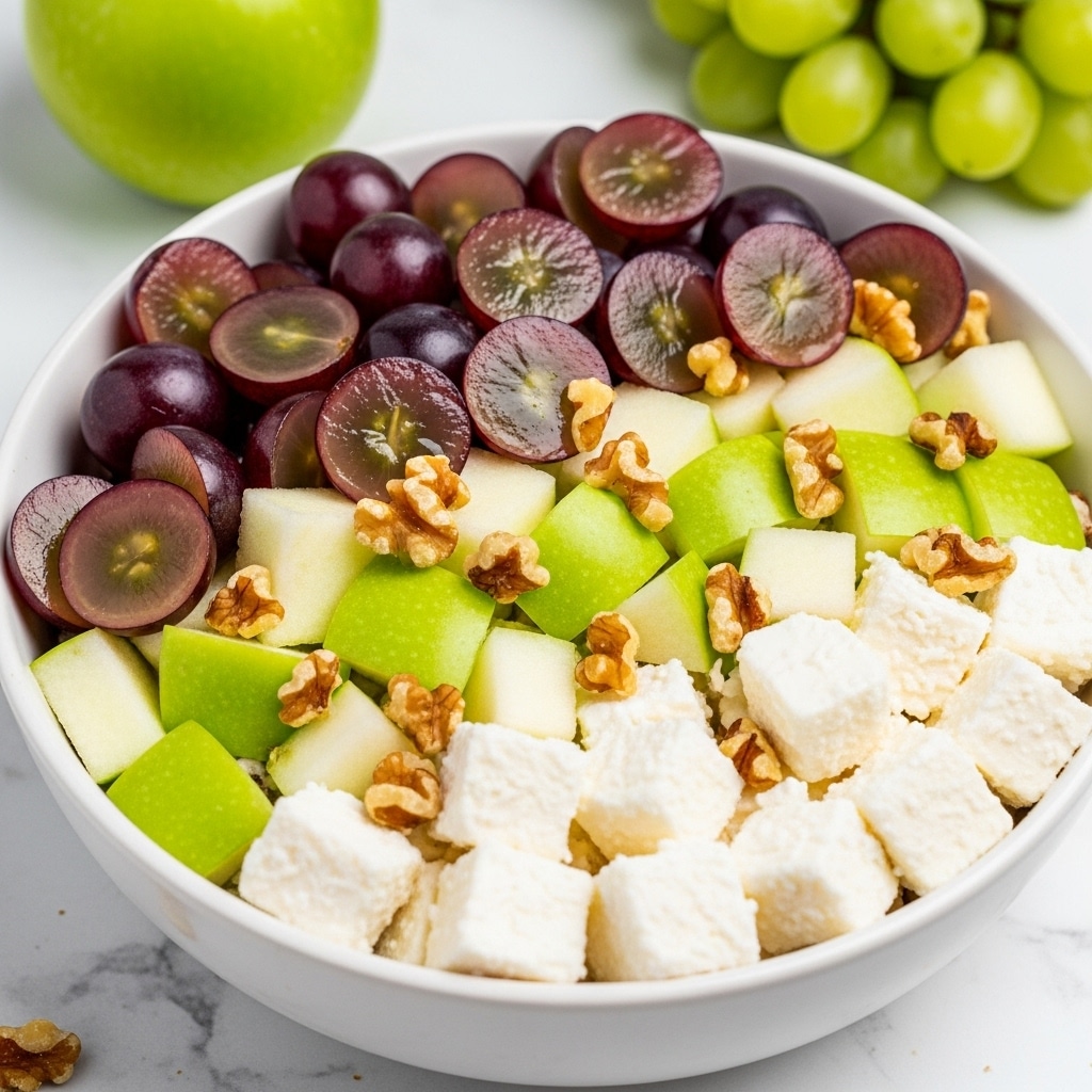 A close-up of a white bowl filled with a mixed fruit salad showing three main layers: the top layer has purple grapes cut in halves with shiny skins and juicy interiors, the middle layer has small green apple pieces with smooth green skin and a crisp texture, and the bottom layer contains cream-coated white cubes resembling soft cheese or fruit. Small brown walnut pieces are scattered across the salad adding a rough texture on top. The bowl is placed on a white marbled textured surface, with whole green apples and grapes in the background, suggesting freshness. photo taken with an iphone --ar 4:5 --v 7