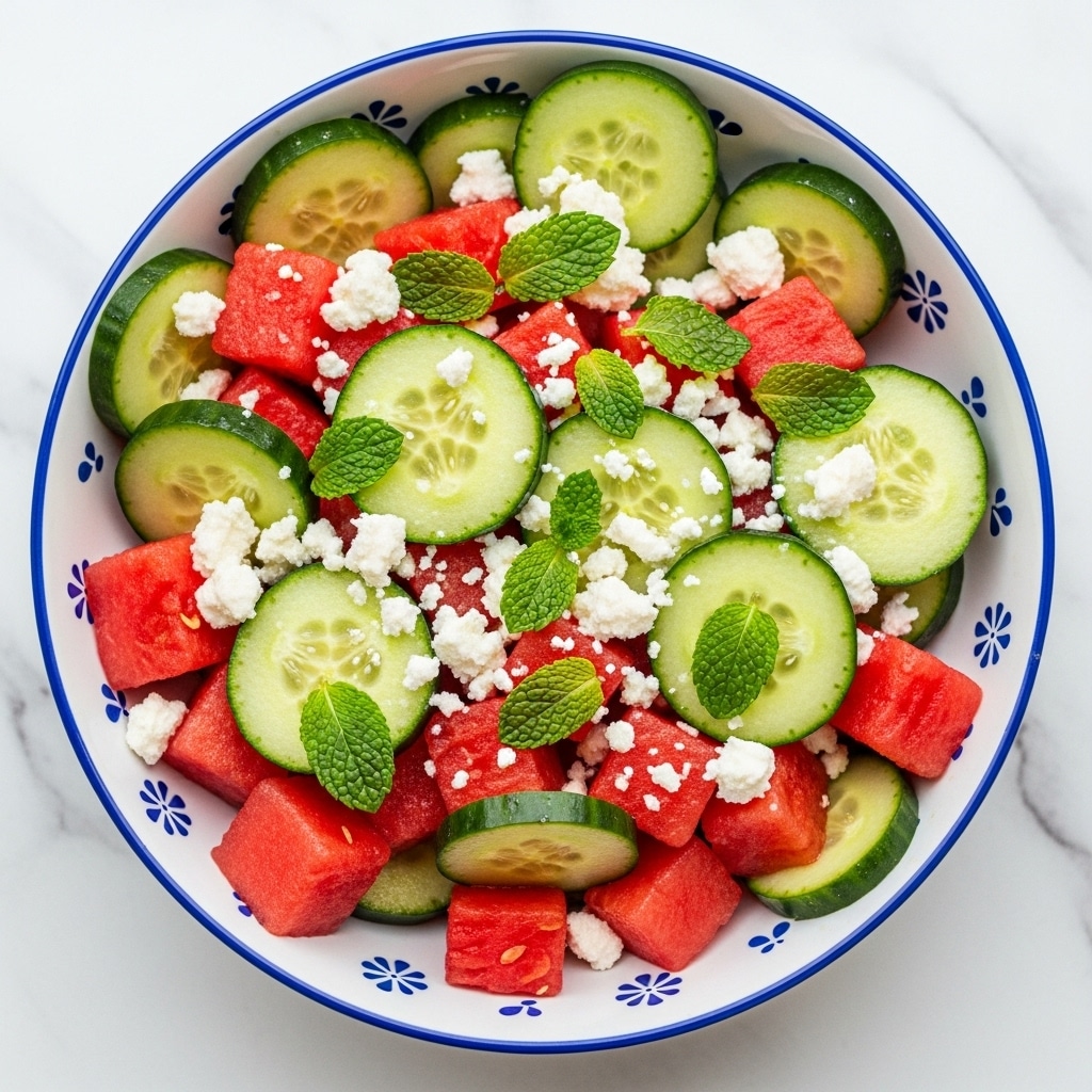 A bowl filled with a fresh salad showing about three layers: the bottom layer is bright red watermelon cubes with a juicy texture, mixed evenly with thick half-moon slices of green cucumber with a smooth, shiny skin. Scattered over the watermelon and cucumber are small white crumbles of feta cheese with a crumbly texture. On top, fresh green mint leaves are spread around, adding a bright touch. The salad is served in a white bowl with a blue decorative rim, placed on a white marbled textured surface. photo taken with an iphone --ar 4:5 --v 7