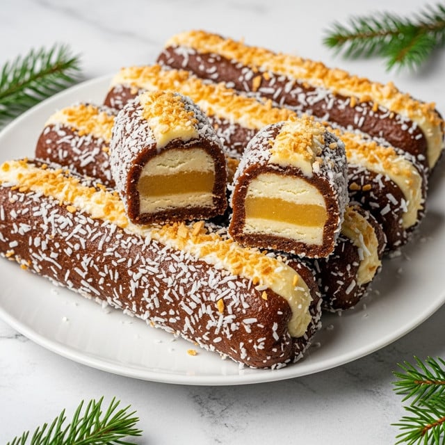 The image shows several long, cylindrical sweet treats placed closely together on a white plate set on a white marbled textured surface. Each treat has three visible layers: a thin, creamy light yellow layer sandwiched between a thick brown outer layer, creating a smooth texture underneath a coating of shredded white coconut and golden toasted coconut flakes. One piece is cut in half and positioned at the center to show the layered inside. Small green pine sprigs are scattered around the plate, adding a natural touch to the scene. photo taken with an iphone --ar 4:5 --v 7