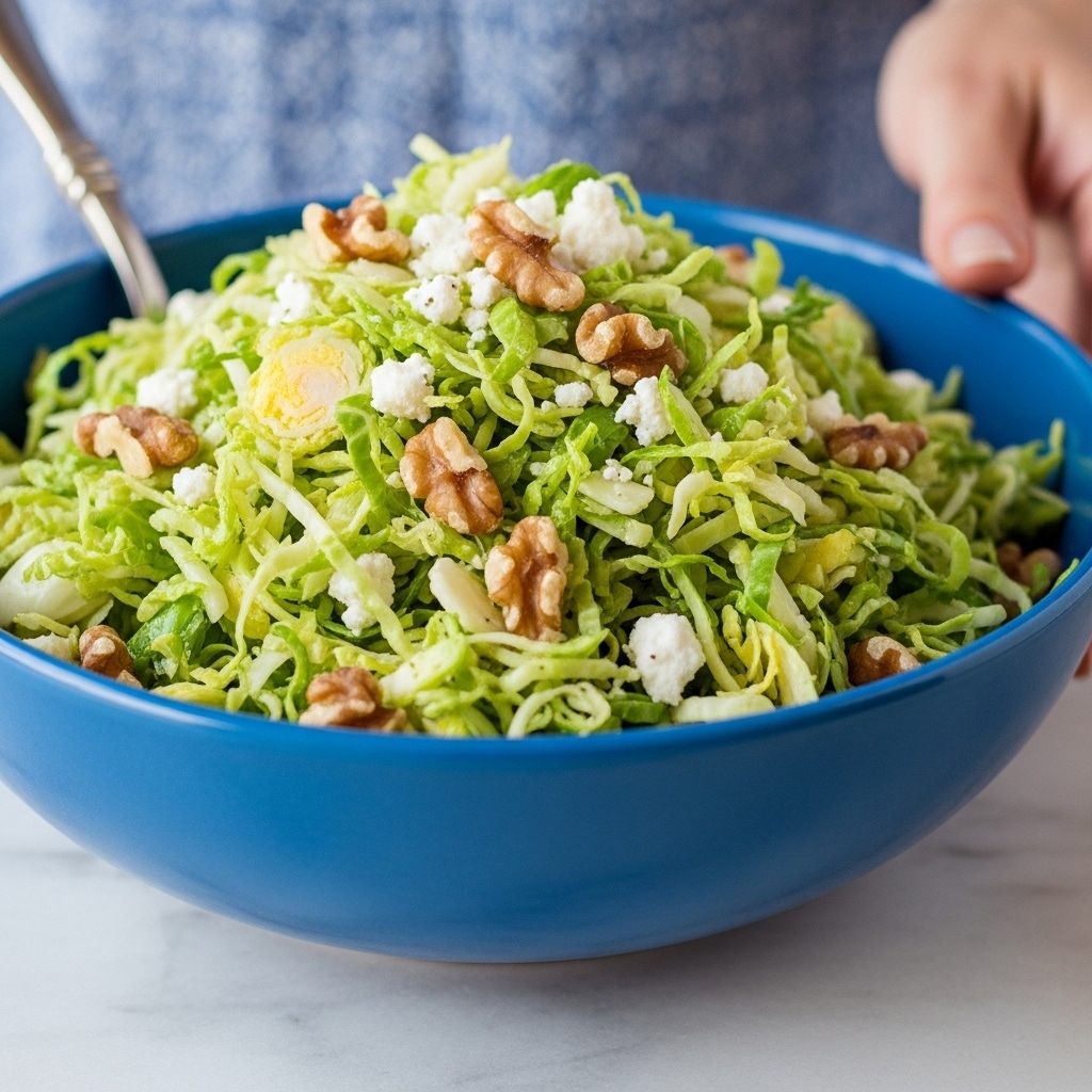 A close-up view of a blue bowl filled with finely shredded green Brussels sprouts mixed with small chunks of light tan walnuts and white cheese crumbles, showing a textured and fresh salad with a mix of soft and crunchy elements, the bowl sits on a white marbled surface with a blurred background, and a woman's hand is partly visible on the right side. photo taken with an iphone --ar 4:5 --v 7