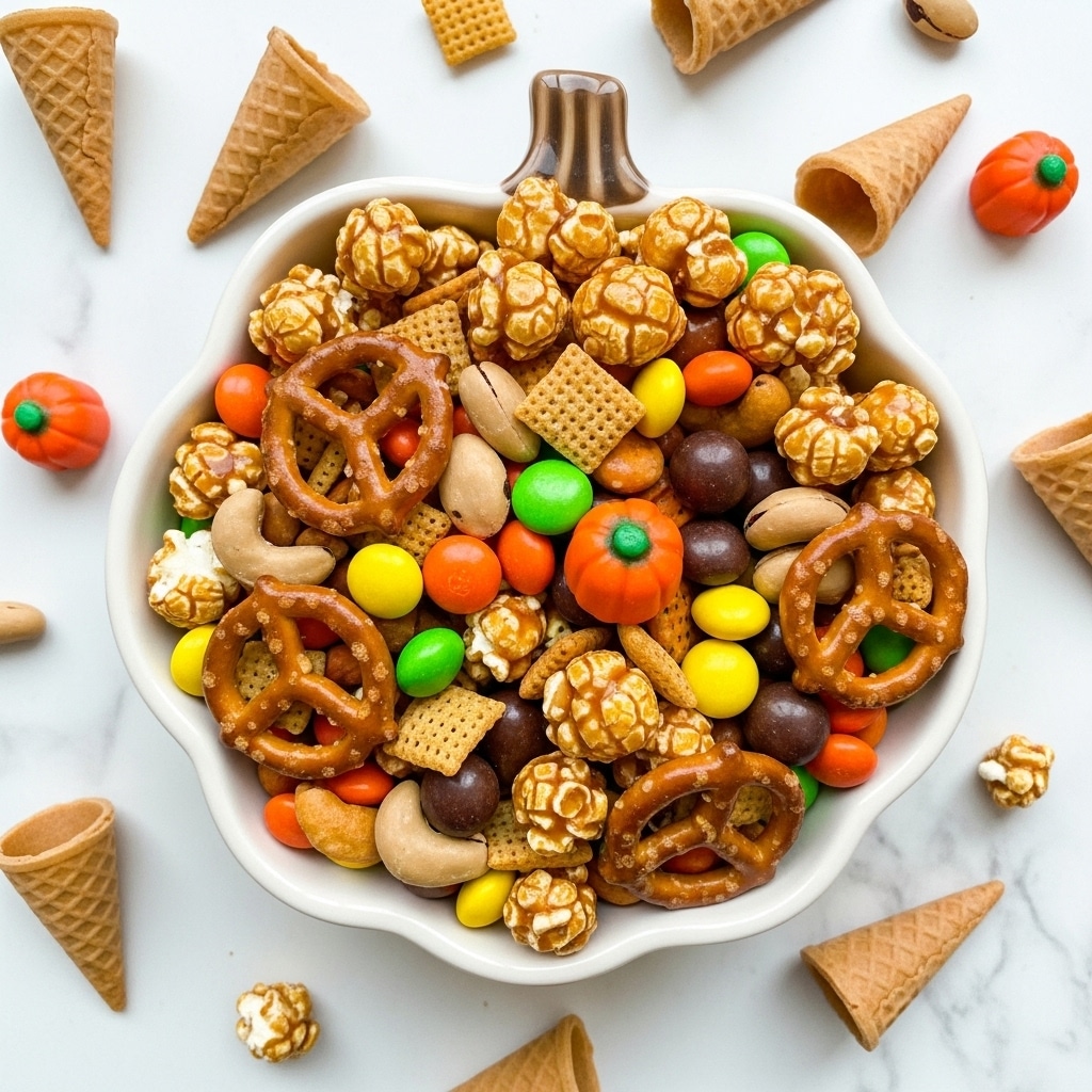 A top view of a white pumpkin-shaped bowl filled with a colorful mix of snack items, including caramel popcorn with a shiny, golden color and a slightly sticky texture, mini pretzels with a glossy brown surface, and candy-coated chocolates in bright orange, yellow, and dark brown. Scattered among these are light brown nuts, small orange pumpkin-shaped candies, and tiny waffle cones placed upright and lying on their sides around the bowl. The bowl sits on a white marbled surface with some pieces of the snack mix spread around it, adding a casual, inviting feel. photo taken with an iphone --ar 4:5 --v 7