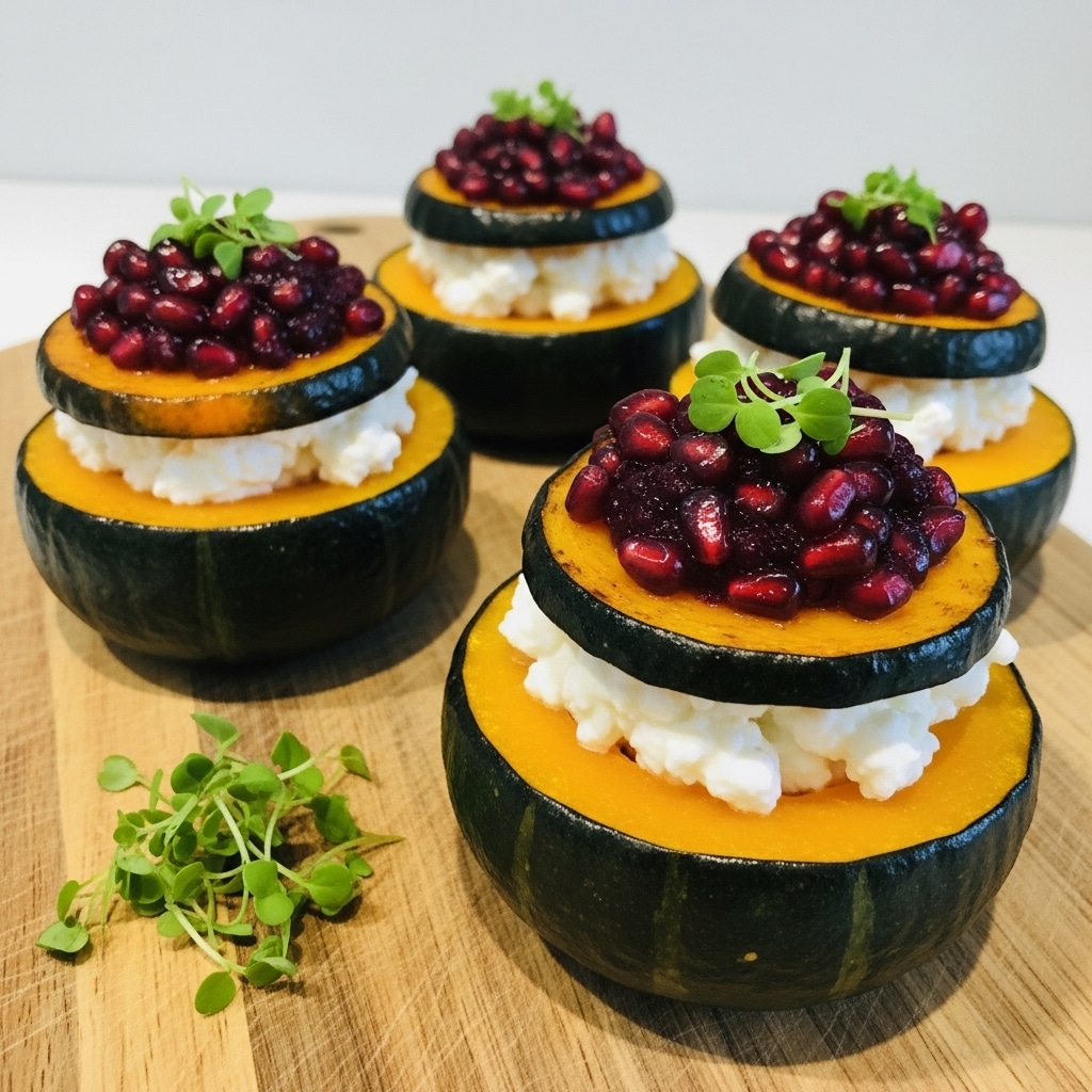 Four small dark green pumpkins are cut in half and placed on a wooden cutting board, each showing three layers: the bottom layer is the roasted orange pumpkin flesh with a slightly charred edge, the middle layer is a dollop of white creamy cottage cheese, and the top layer consists of glossy red pomegranate seeds mixed with a dark purple sauce, garnished with small green herb sprigs on top. Some loose green herb sprigs lie next to the pumpkins on the board. Photo taken with an iphone --ar 4:5 --v 7