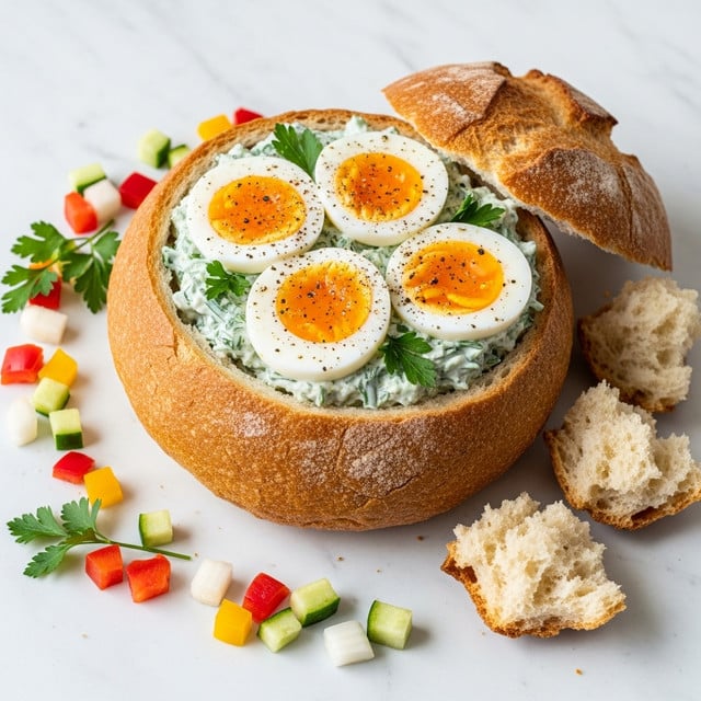 A hollowed round crusty bread bowl filled with a creamy green herb mixture, topped with sliced hard-boiled eggs showing their white and yellow yolk halves, some dusted lightly with ground pepper, surrounded by a few pieces of torn crusty bread on a white marbled surface. Around the bowl, there are small colorful chunks of red, yellow, and white vegetables, and a sprig of green herb. Photo taken with an iphone --ar 4:5 --v 7
