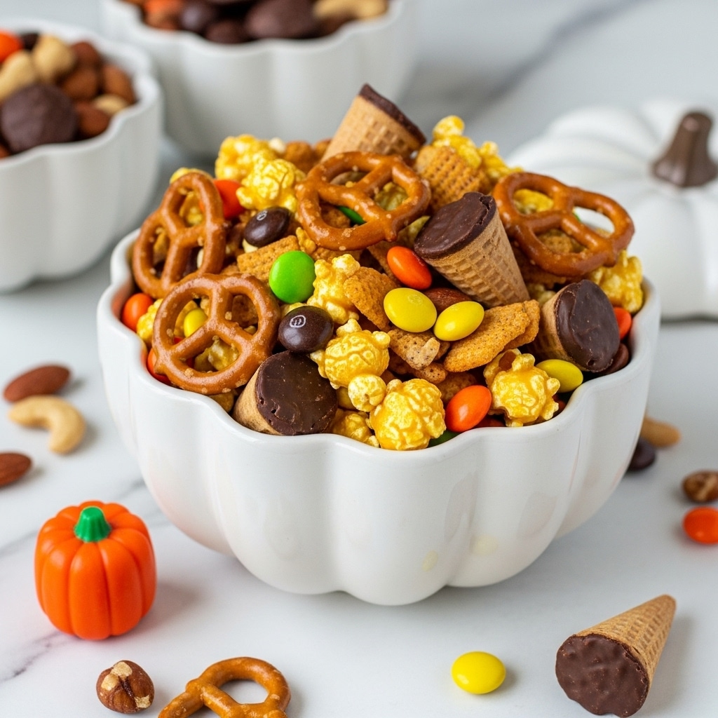 A white bowl shaped like a pumpkin is filled with a fall-themed snack mix. The mix contains yellow caramel popcorn, small orange, yellow, and dark chocolate candy pieces, light brown pretzels, mini waffle cones filled with chocolate, and scattered nuts in shades of brown. The bowl sits on a white marbled surface with a small orange pumpkin-shaped candy and a few pieces of candy spilled around it. In the background, there are two more white pumpkin-shaped bowls filled with nuts and dark chocolate pieces, slightly out of focus. photo taken with an iphone --ar 4:5 --v 7