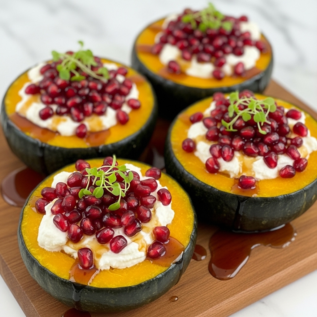 The image shows four halved dark green squash pieces with bright orange, smooth, cooked flesh on a wooden board. Each squash half is topped with a white creamy cheese layer, covered with shiny, red pomegranate seeds, and garnished with small green herb sprigs. A glossy, dark syrup is drizzled over the ingredients, adding shine and depth. The background is a white marbled texture. photo taken with an iphone --ar 4:5 --v 7