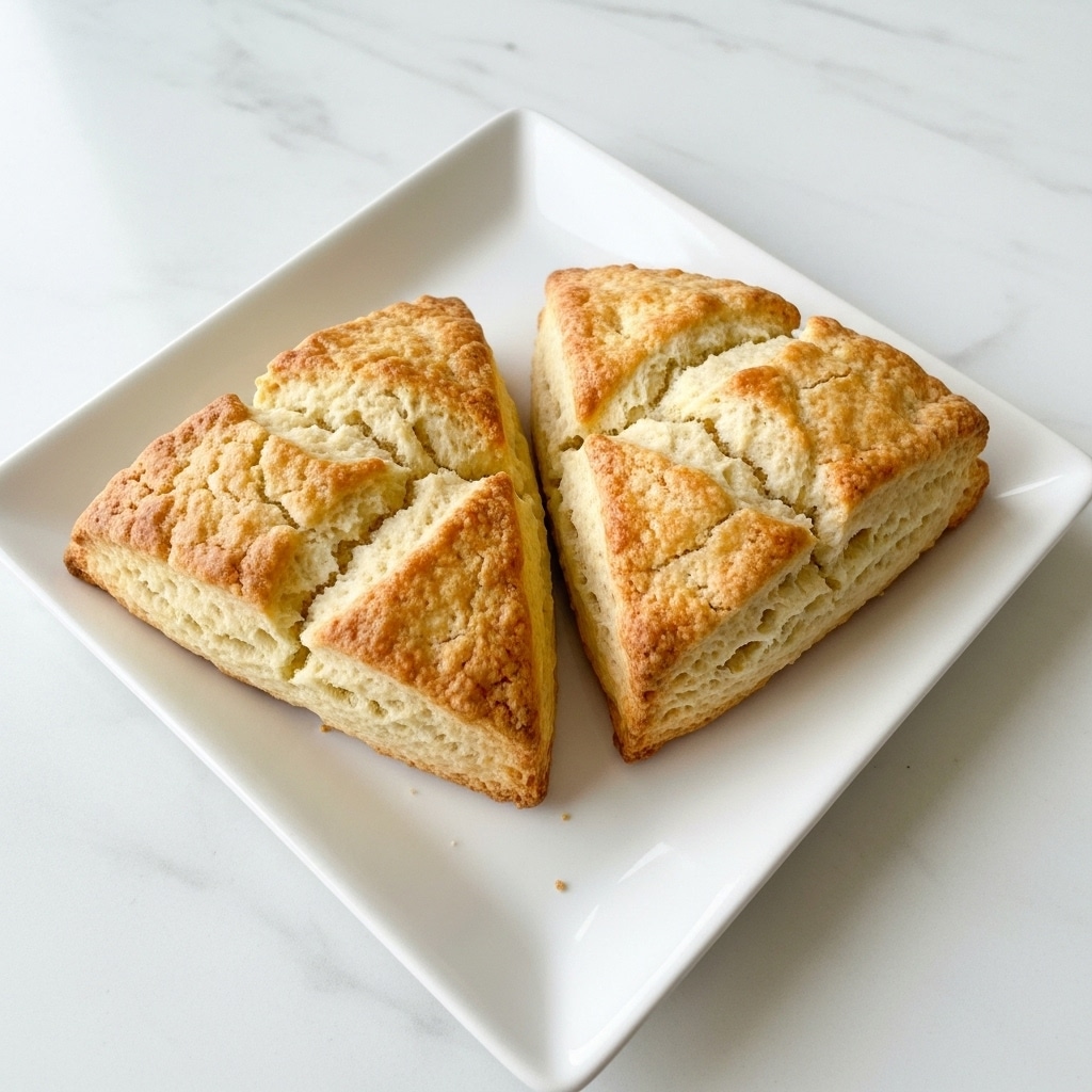 Two triangular scones rest on a white square plate positioned on a white marbled surface. Each scone has a light golden-brown color with a slightly crumbly texture and visible small cracks on the surface. The scones have large triangular indentations dividing them into smaller triangles, showing a simple baked crust. The light reflects softly on the smooth plate and the dry surface of the scones, highlighting their rough texture. photo taken with an iphone --ar 4:5 --v 7
