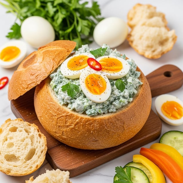 The image shows a hollowed-out golden brown round bread loaf filled with a creamy green salad mixed with chopped herbs. On top of the salad, there are several small halved hard boiled eggs with yellow yolks and white edges, lightly sprinkled with black pepper, and one thin red chili pepper piece. The bread bowl sits on a small wooden cutting board. Around it, there are pieces of bread, whole and halved boiled eggs, fresh green herbs, and slices of yellow and orange vegetables on a white marbled surface. Photo taken with an iphone --ar 4:5 --v 7