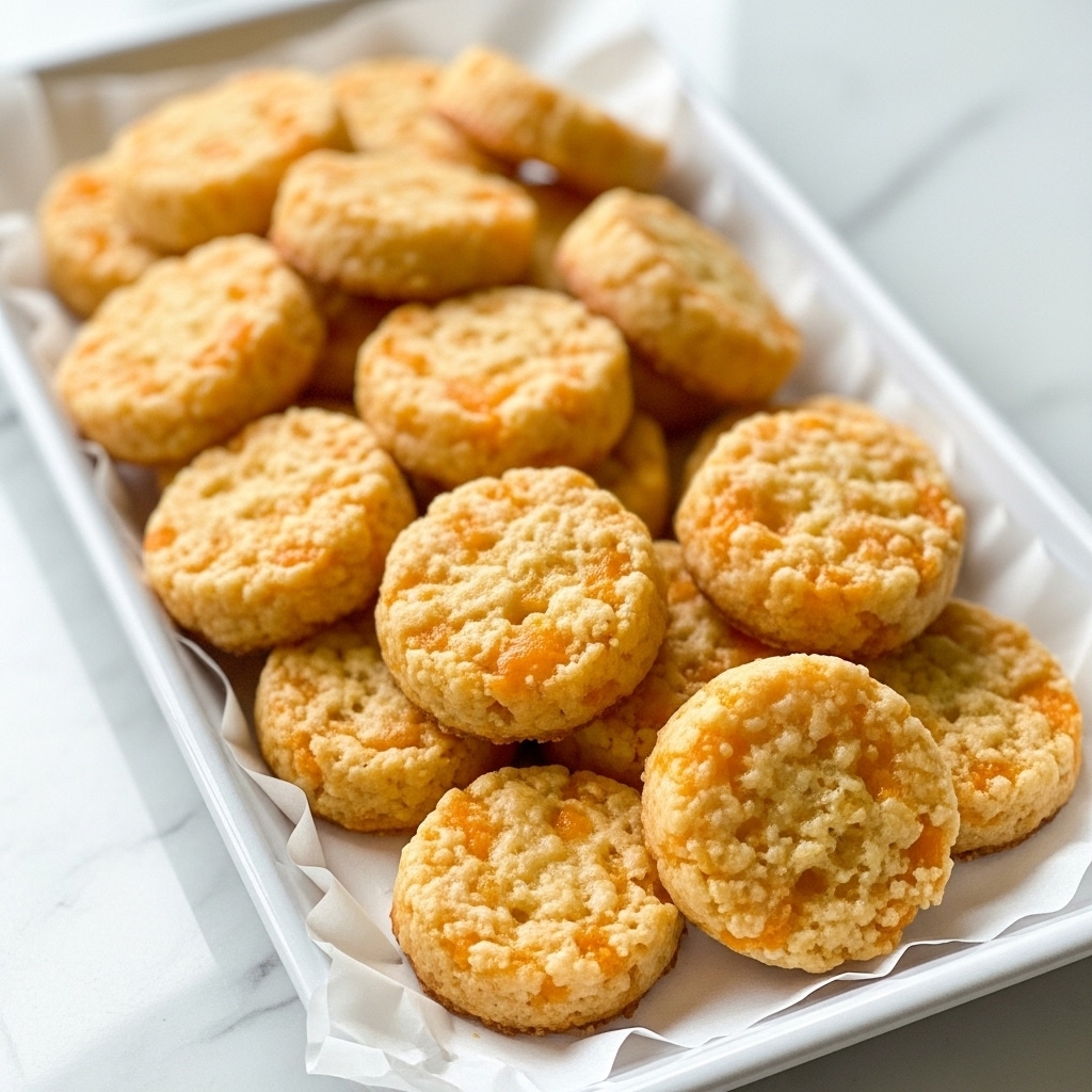 A pile of small, round baked cheese crackers with a golden brown color and slightly uneven, crumbly texture sit on a sheet of white parchment paper inside a long, white tray. The crackers have visible bits of cheddar cheese embedded, adding orange spots to the golden base. The edges of the crackers are rough and crisp, giving them a homemade look. The scene is set on a white marbled surface that reflects soft natural light, highlighting the warm tones of the crackers. photo taken with an iphone --ar 4:5 --v 7