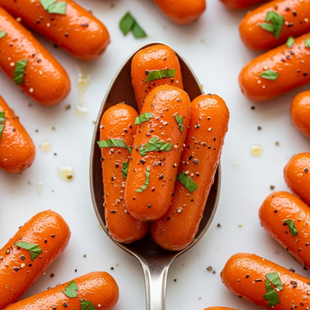 A close-up shows glossy, cooked baby carrots coated in a shiny orange glaze with small bits of green herbs and black pepper sprinkled on top. The carrots are thick and plump, arranged in a vintage silver spoon in the center, surrounded by more carrots resting on a white marbled surface. The glaze catches the light, making the carrots look juicy and tender. Photo taken with an iphone --ar 4:5 --v 7
