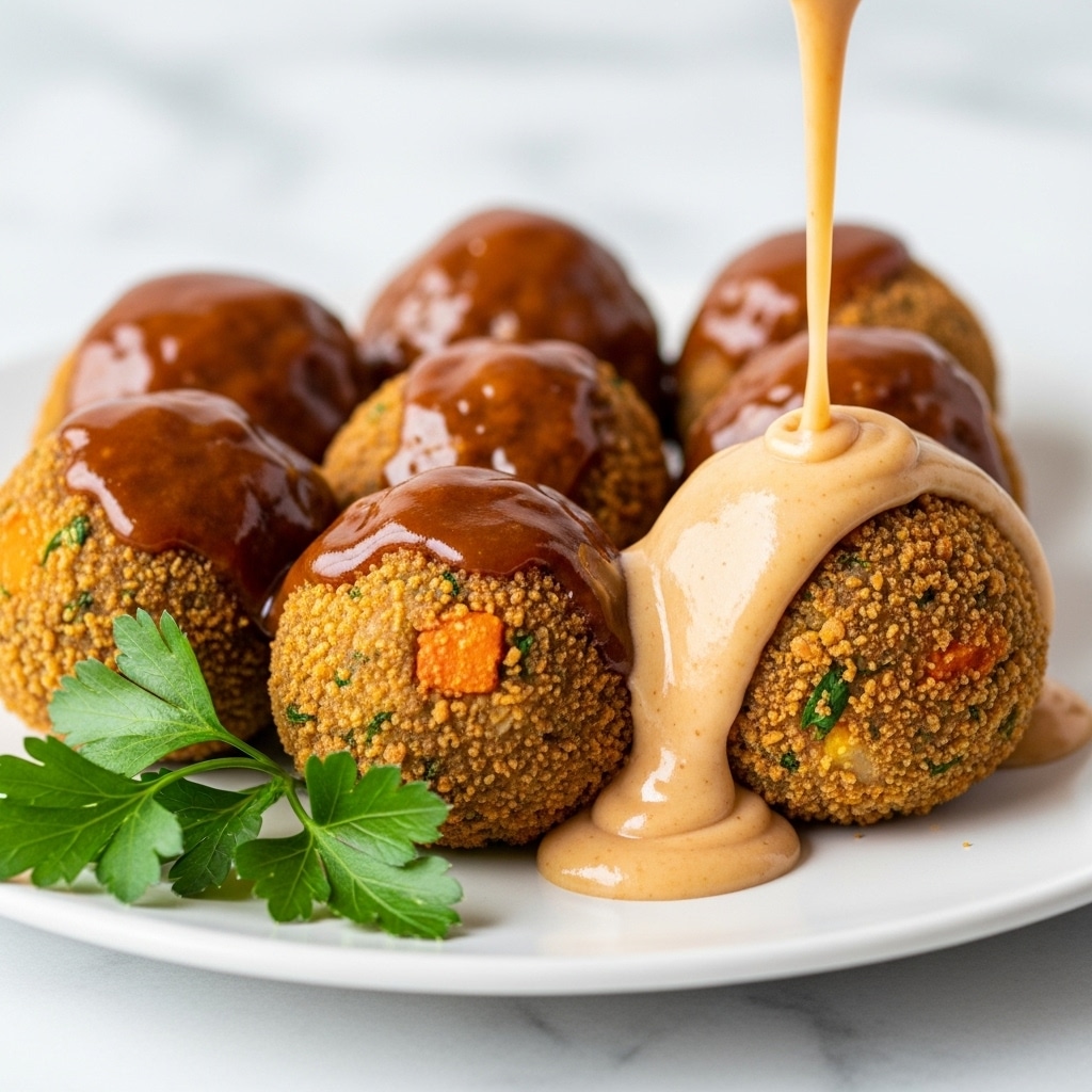 The image shows a close-up of five round, crumbly textured croquettes with small bits of orange and green visible, arranged closely in the center of a white plate. A smooth, thick light brown sauce is being poured over the top croquettes, flowing down their sides. A small bunch of fresh green parsley lies at the front of the plate. The background is a white marbled surface, softly blurred. photo taken with an iphone --ar 4:5 --v 7