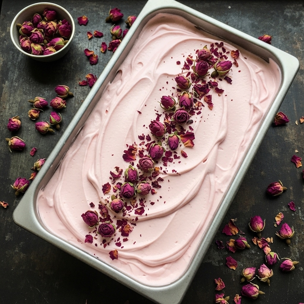 A rectangular metal container filled with one thick, smooth layer of pale pink creamy dessert, softly textured with gentle swirls on the surface, and decorated on top with scattered small dried rosebuds and petals in shades of deep pink and purple. The container sits on a dark rustic surface with more dried rosebuds and petals spread around it. photo taken with an iphone --ar 4:5 --v 7