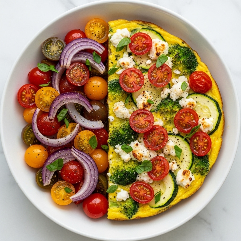 The dish is served in a white bowl on a white marbled surface, featuring two main parts. On the left side, there is a mix of vibrant cherry tomatoes in red and yellow colors with glossy skins, alongside soft-cooked, curved slices of purple onion, all garnished with small green herb pieces and a light seasoning of black pepper. On the right side, a thick frittata occupies about two-thirds of the bowl, showing a golden-yellow egg base with visible green broccoli florets and slices of zucchini embedded within. The frittata is topped with crumbled white cheese browned in spots and scattered halved cherry tomatoes, with a few pieces of purple onion and green herbs sprinkled over. The textures range from smooth, shiny cherry tomatoes to the fluffy, slightly browned frittata and crumbly cheese, creating a colorful, fresh presentation. Photo taken with an iphone --ar 4:5 --v 7