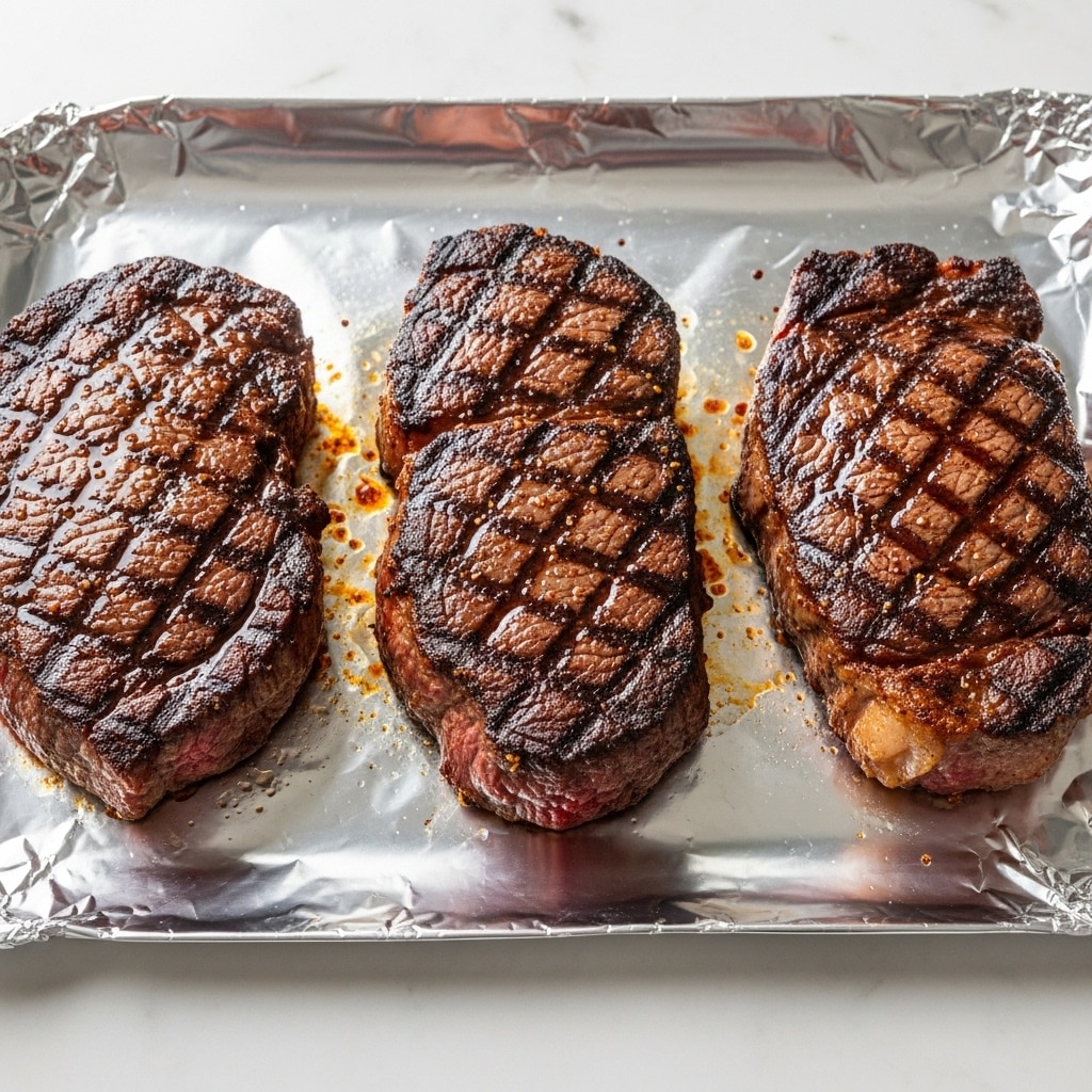 The image shows three thick, well-seared steaks placed side by side on a sheet of shiny aluminum foil. Each steak has a dark brown crust with hints of a crispy texture, visible grill marks, and a glossy surface indicating juiciness. The steaks vary slightly in shape and size, with some fatty edges and textured muscle fibers visible. The foil sheet underneath is slightly crinkled, reflecting light and creating a bright silver background. The whole setup sits on a white marbled surface. photo taken with an iphone --ar 4:5 --v 7