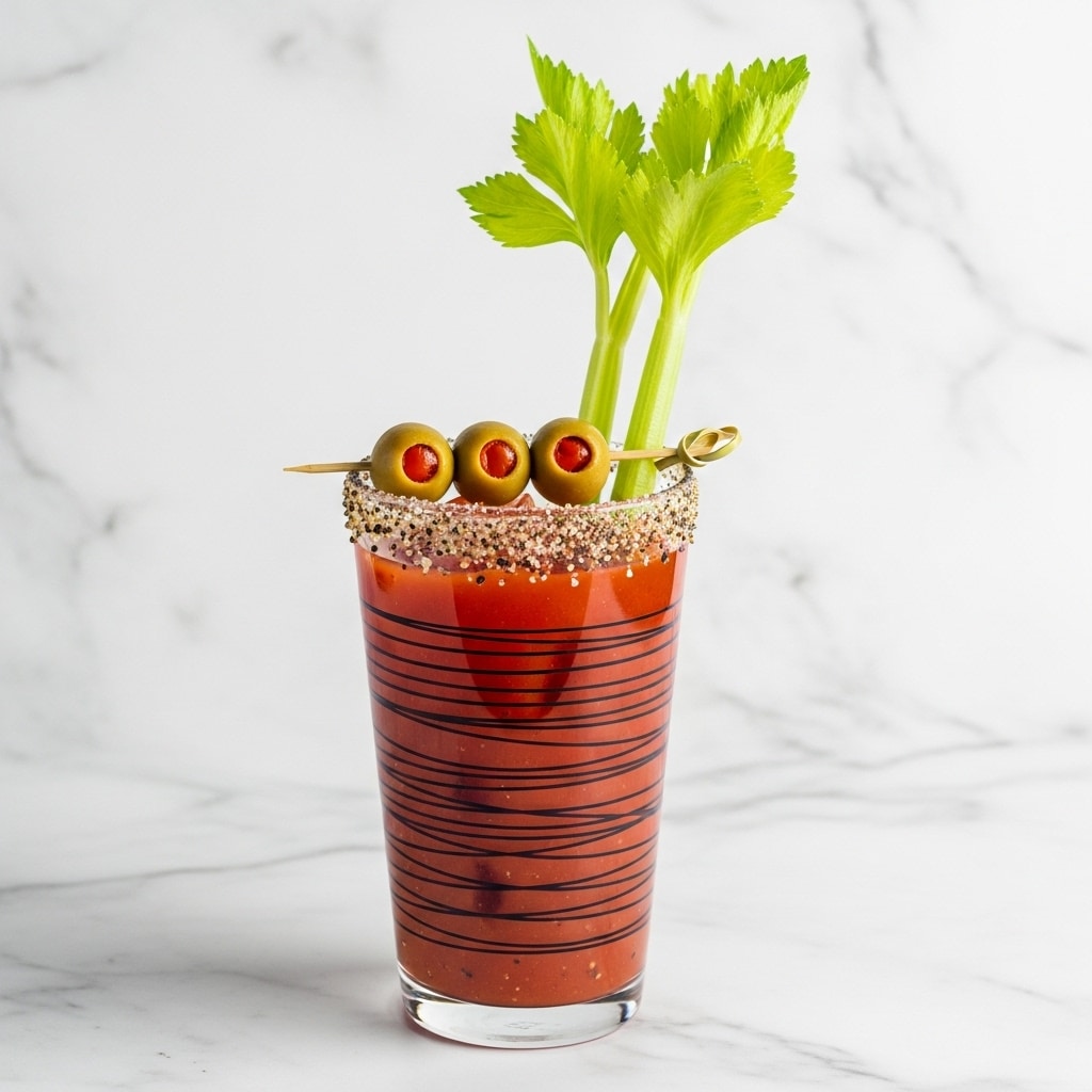 A tall clear glass with black line patterns contains a deep red Bloody Mary cocktail filled to the top. The rim of the glass is coated with a layer of salt and pepper mix. Three green olives stuffed with red pimentos sit on a small wooden skewer balanced across the rim. A fresh bright green celery stalk with leafy top is placed inside the drink, standing upright. The background is a white marbled texture. Photo taken with an iphone --ar 4:5 --v 7