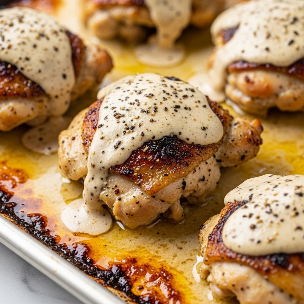 Close-up image of cooked chicken thighs placed on a baking tray with browned edges. The chicken pieces have a creamy light beige sauce with visible specks of black pepper and herbs covering the top, creating a shiny and slightly oily texture. The chicken surface is tender with slight charring spots, and the sauce pools gently around the meat, adding a glossy, rich look. The tray's white marbled texture is visible at the edges where the sauce has browned from baking. photo taken with an iphone --ar 4:5 --v 7
