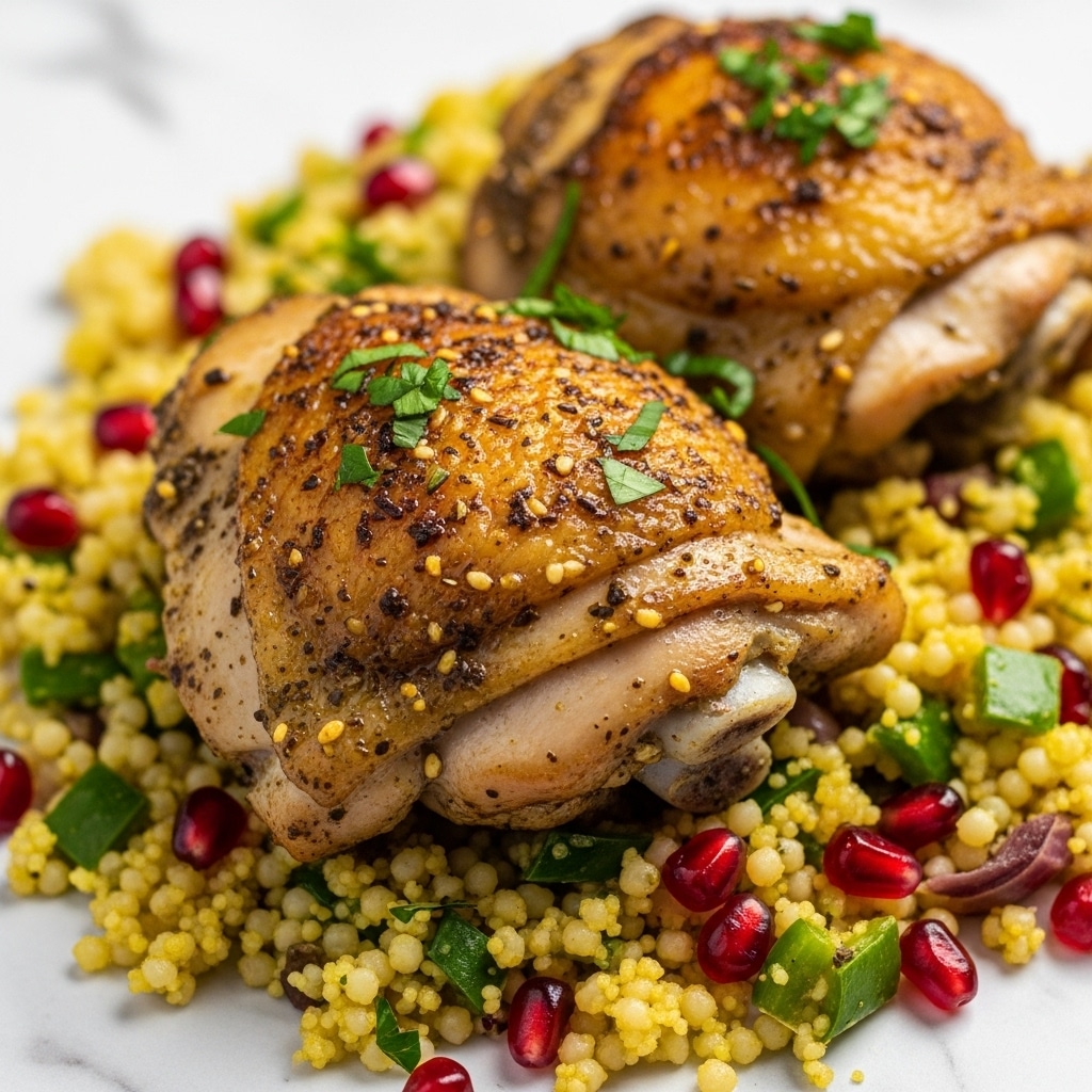 The image shows a close-up of cooked chicken thighs placed on a bed of small round couscous mixed with chopped green vegetables and red pomegranate seeds. The chicken has a light brown color with a slightly crispy texture and is sprinkled with fresh chopped herbs. The couscous underneath is pale yellow with bits of green, adding texture and color contrast. The background is a white marbled texture. photo taken with an iphone --ar 4:5 --v 7