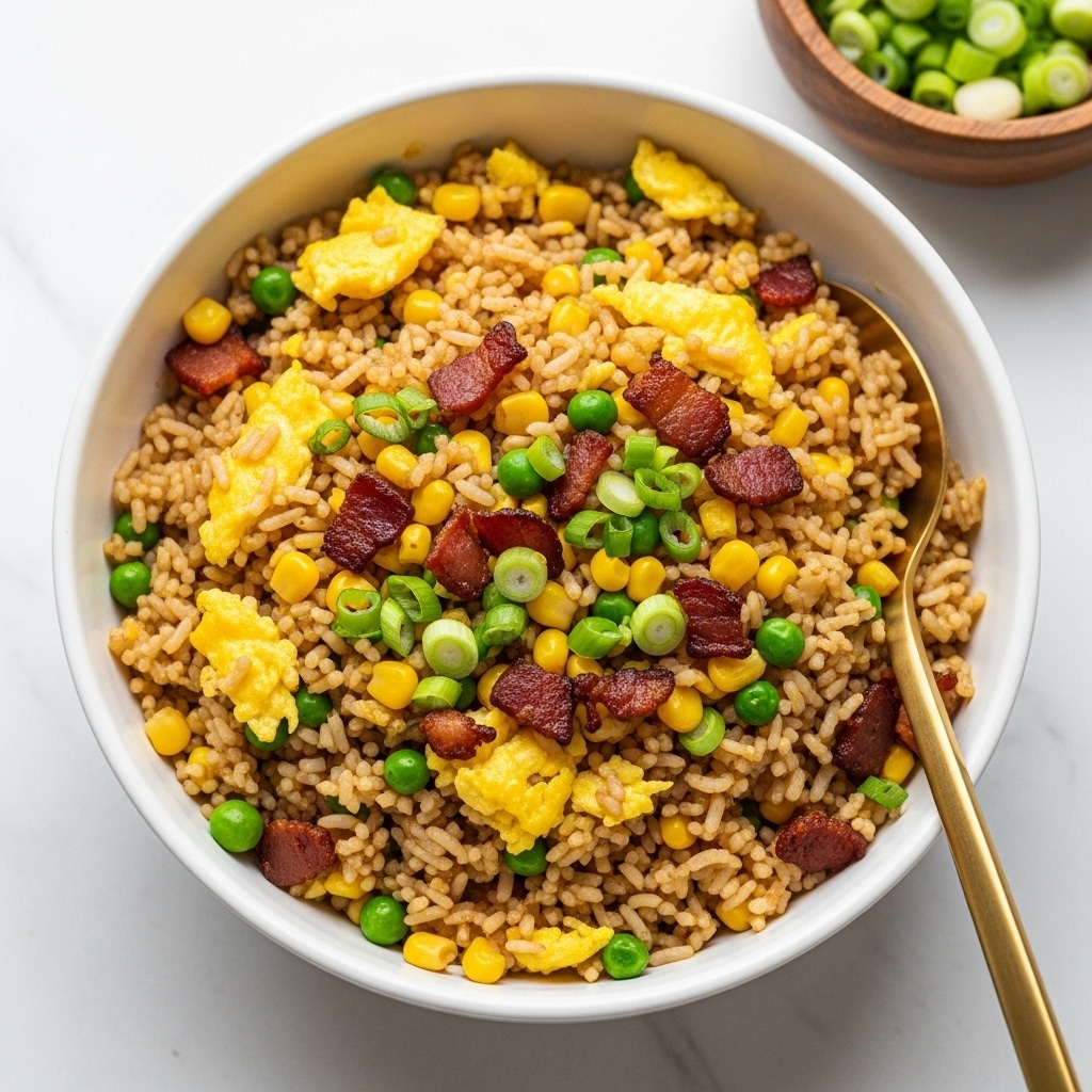 A white bowl filled with fried rice showing multiple layers: a base of light brown cooked rice mixed with golden scrambled eggs, bright yellow corn kernels, small green peas, and chopped spring onions scattered throughout. Dark brown crispy bacon pieces are mixed in, adding texture and color contrast. A golden spoon rests inside the bowl, slightly buried in the rice. In the background, there is a wooden bowl with chopped spring onions. The dish sits on a white marbled surface. photo taken with an iphone --ar 4:5 --v 7