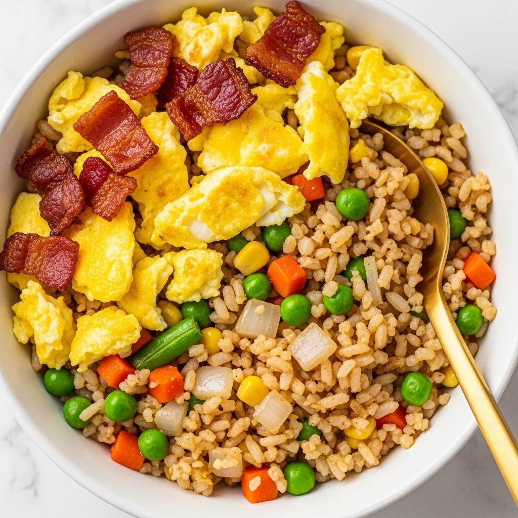 A close-up view of a white bowl filled with fried rice showing distinct layers: at the base, light brown rice grains mixed with small diced onions, bright green peas, orange carrot pieces, and yellow corn kernels; on top, scattered pieces of cooked scrambled egg in soft yellow with slightly browned edges and crispy reddish-brown bacon bits adding texture and color contrast; a gold spoon is partially inserted into the rice, adding a shiny, smooth element to the image. The background is a white marbled texture. photo taken with an iphone --ar 4:5 --v 7
