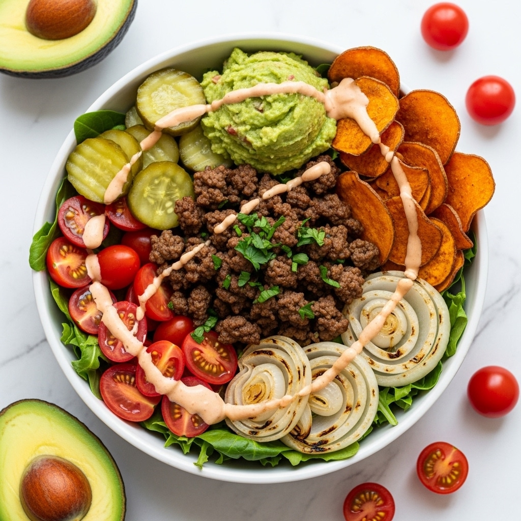 A white bowl filled with a fresh salad that has several layers: the bottom layer is green leafy lettuce, followed by halved red cherry tomatoes and grilled sliced onions in soft white and light purple tones, then a layer of cooked ground beef in brown with bits of green herbs sprinkled on top. On one side is a scoop of bright green guacamole, next to light green pickle slices. Crispy brown sweet potato chips are placed on the side, all drizzled with a light pink creamy sauce. The bowl sits on a white marbled surface with halved avocados and scattered cherry tomatoes around it. Photo taken with an iphone --ar 4:5 --v 7