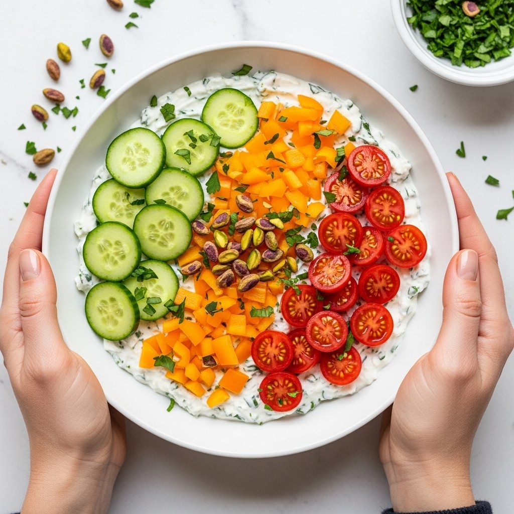 A white bowl filled with a creamy white base, topped with three main layers of fresh vegetables arranged in sections: thin green cucumber slices on one side, bright orange chopped bell peppers on the opposite side, and halved red cherry tomatoes sprinkled with small green pistachio pieces in the center. The creamy base shows small green herb bits mixed in. The bowl is held by two woman's hands over a white marbled surface. Small loose pistachios and green herbs are scattered around the bowl, with a partial view of a white bowl filled with chopped green herbs in the top right corner. Photo taken with an iphone --ar 4:5 --v 7