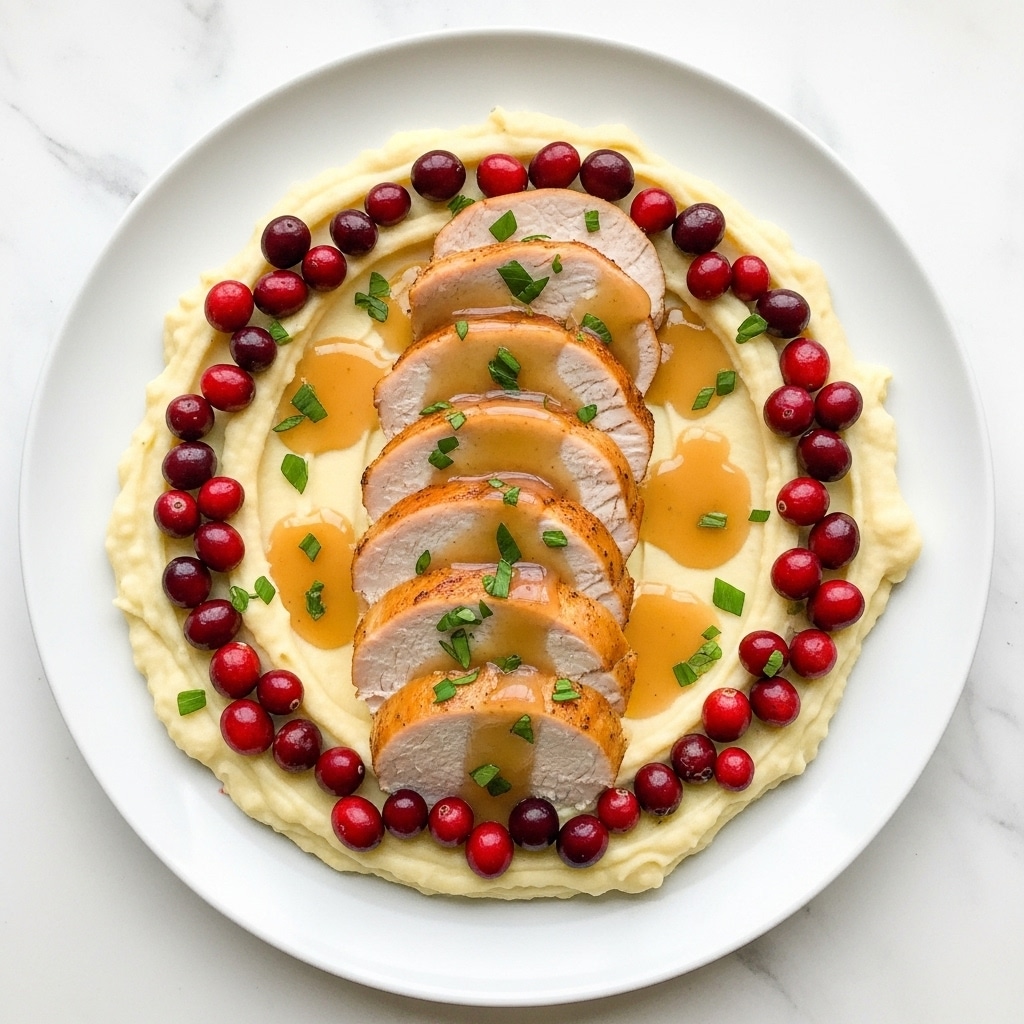 A white plate holds a creamy bed of light yellow mashed potatoes spread in a loose circle as the bottom layer, topped with six thick slices of roasted turkey breast arranged in a slightly overlapping row in the center. The turkey slices have a light brown outer edge and a juicy, pale interior, drizzled evenly with a warm golden-brown gravy. Bright red whole cranberries are scattered in a ring around the mashed potatoes, adding a pop of color. The dish is finished with small green herb leaves sprinkled on top for a fresh touch, all on a white marbled surface. photo taken with an iphone --ar 4:5 --v 7
