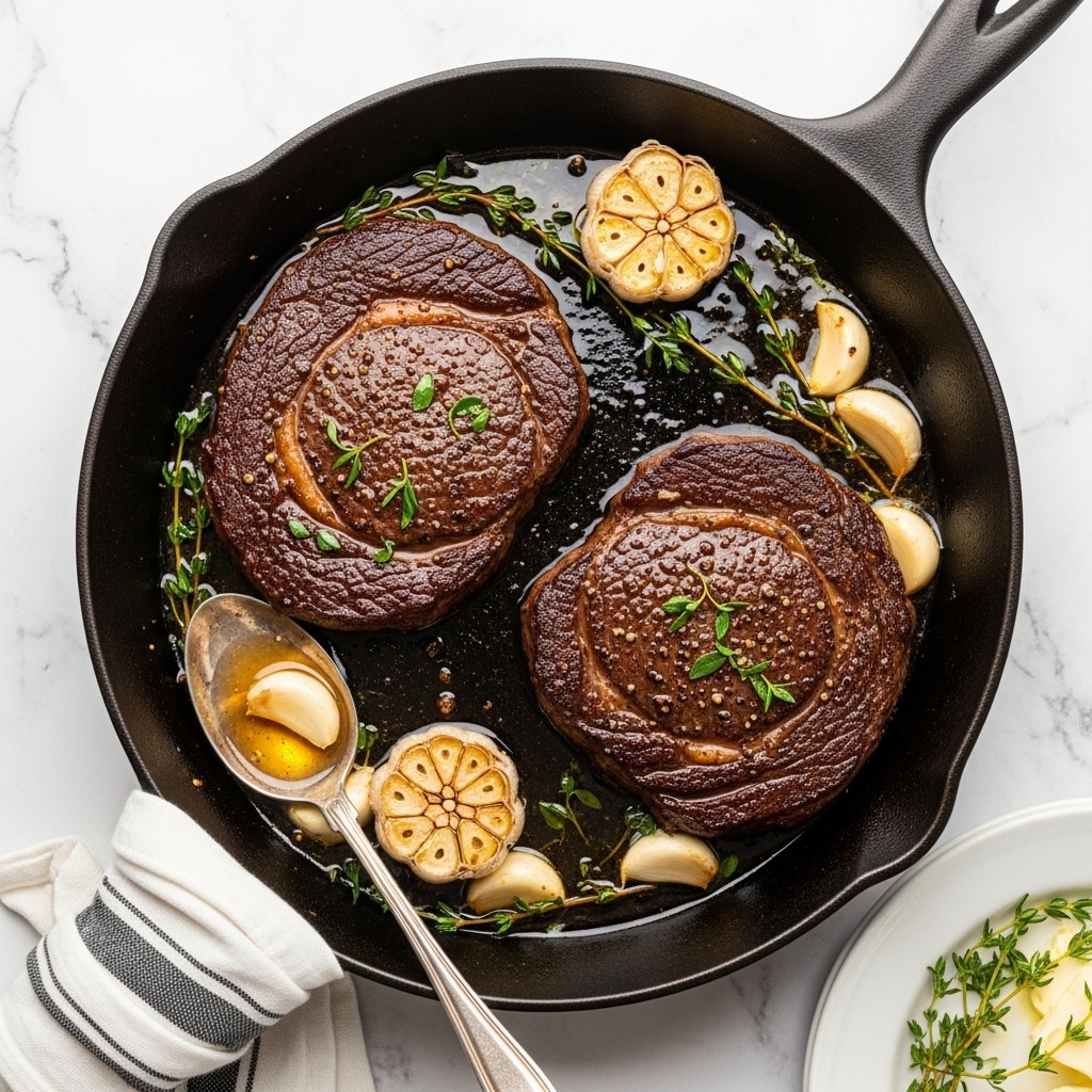 Two thick, dark brown seared steaks sit side by side in a black cast iron pan, each with specks of black pepper and small green herb leaves on top. Around them float several whole garlic cloves and sprigs of fresh green herbs partly submerged in a shiny, golden-brown cooking liquid. A silver spoon holding a garlic clove and some of the liquid rests inside the pan near the bottom left edge. The pan is placed on a white marbled surface with a white and black striped cloth folded beside it and a white plate with herbs and butter peeking in from the bottom right corner. Photo taken with an iphone --ar 4:5 --v 7