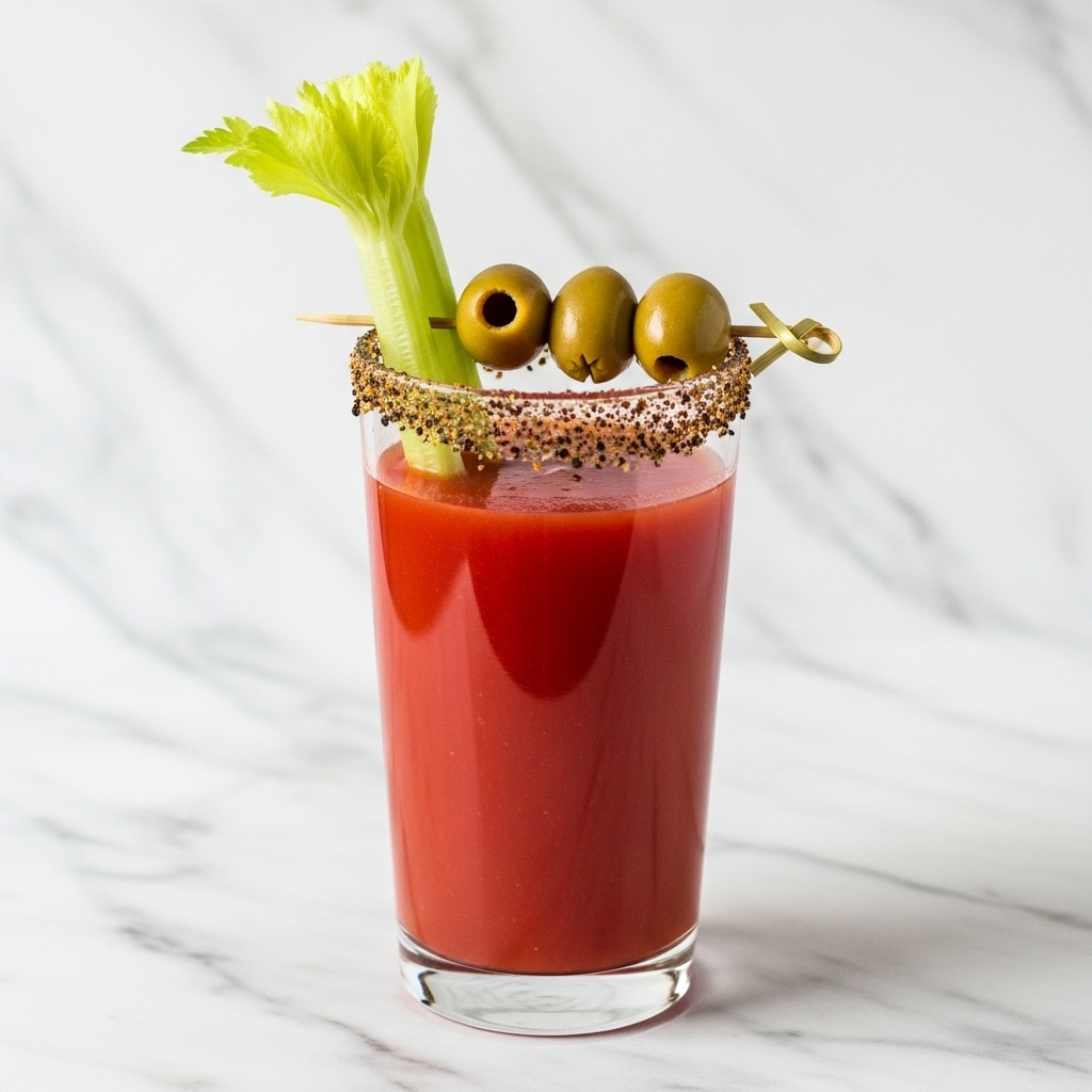 A tall clear glass filled with bright red tomato juice, garnished with a fresh light green celery stalk standing upright on one side and three large green olives skewered on a toothpick resting horizontally across the top of the glass. The glass rim is coated with a dark spice mix, adding texture and color contrast. The background is a white marbled texture. photo taken with an iphone --ar 4:5 --v 7
