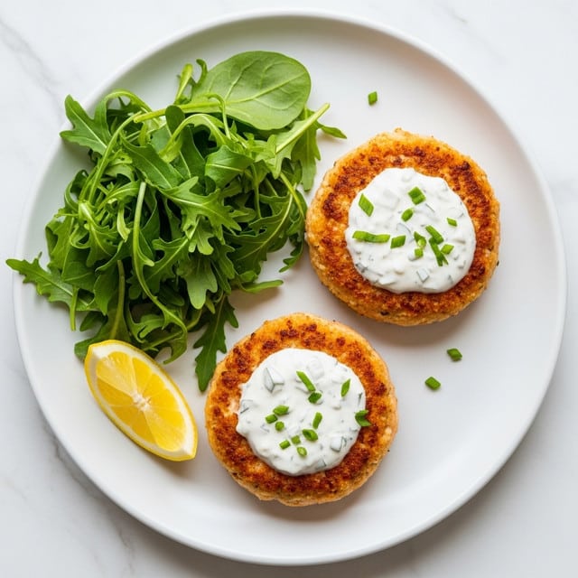 Two golden brown patties with a crispy texture, each topped with a white creamy sauce and sprinkled with small green herb pieces, are placed on one side of a white plate. On the left side, there is a small pile of bright green leafy salad, and a quarter slice of yellow lemon rests near the bottom left corner. The plate is set on a white marbled surface. Photo taken with an iphone --ar 4:5 --v 7