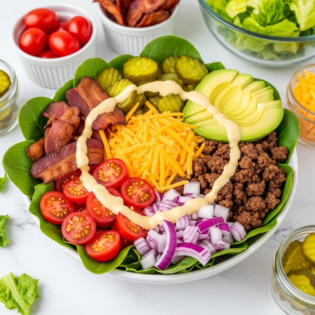 A white bowl filled with bright green leafy lettuce as the base layer, topped with groups of halved red cherry tomatoes, crispy brown bacon pieces, thinly sliced yellow and orange shredded cheese, cooked dark brown ground beef, light green avocado slices, chopped white and purple onions, and large chunks of pale green pickles. A light yellow creamy sauce is drizzled over the top, slightly covering the ingredients. The bowl is set on a white marbled surface with small white bowls containing more cherry tomatoes and bacon in the background, along with a clear glass bowl of extra lettuce and small glass jars of shredded cheese and pickles around it. photo taken with an iphone --ar 4:5 --v 7