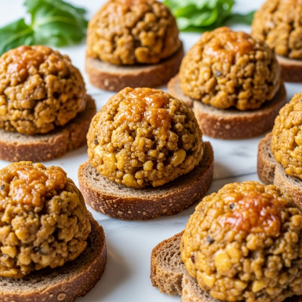 The image shows several small open-faced sandwiches arranged closely on a white marbled surface. Each sandwich has one piece of dark brown bread as the base. On top of each slice is a rounded heap of a golden-brown baked mixture that looks textured and crumbly, with visible bits of melted cheese glistening on the surface. Some green leafy garnish is placed in the background for contrast. The lighting highlights the shiny, slightly oily texture of the topping and the coarse grain of the bread. photo taken with an iphone --ar 4:5 --v 7