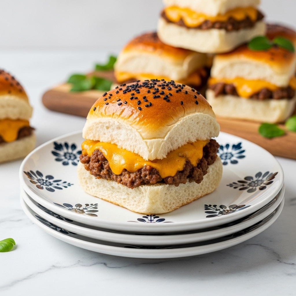 A close-up view of a square sandwich with three visible layers: the top layer is a shiny golden-brown bun sprinkled with small black seeds, the middle layer is a thick mix of creamy melted cheese and browned ground meat with a slightly chunky texture, and the bottom layer is a soft white bun with a light crumb texture. The sandwich is placed on a round white plate with dark blue floral patterns, stacked on two other plain white plates, all sitting on a white marbled surface. In the background, more sandwiches are stacked on a wooden board with small green leaves scattered around. Photo taken with an iphone --ar 4:5 --v 7