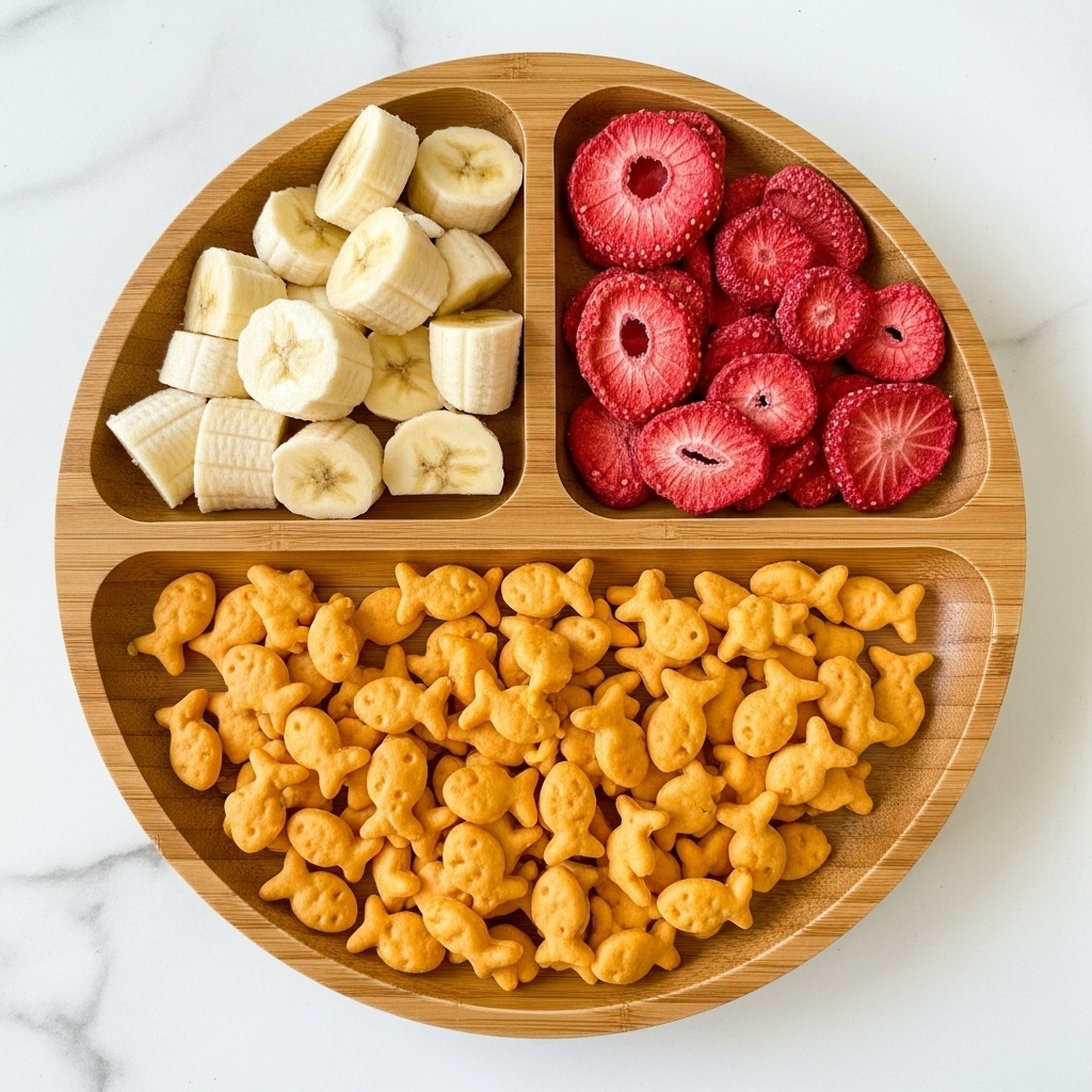 The image shows a three-sectioned wooden tray resting on a white marbled surface. The largest section is filled with orange-golden fish-shaped crackers, each one small and crunchy looking with a smooth texture. The top right triangular section holds bright red, round, dried strawberry slices, which have a rough and crunchy texture. The top left rectangular section contains chunked pieces of fresh, pale yellow banana with a soft, moist texture. Photo taken with an iphone --ar 4:5 --v 7