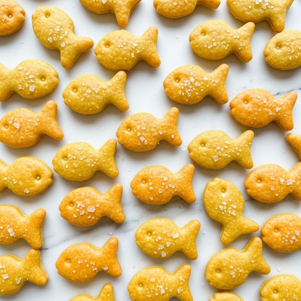 A close-up view of many small fish-shaped crackers spread evenly on a white marbled surface, showing a mix of golden yellow and light orange colors with a slightly rough texture and some salt crystals sprinkled across the crackers, each cracker having a clear fish shape with a rounded body and tail fin. photo taken with an iphone --ar 4:5 --v 7